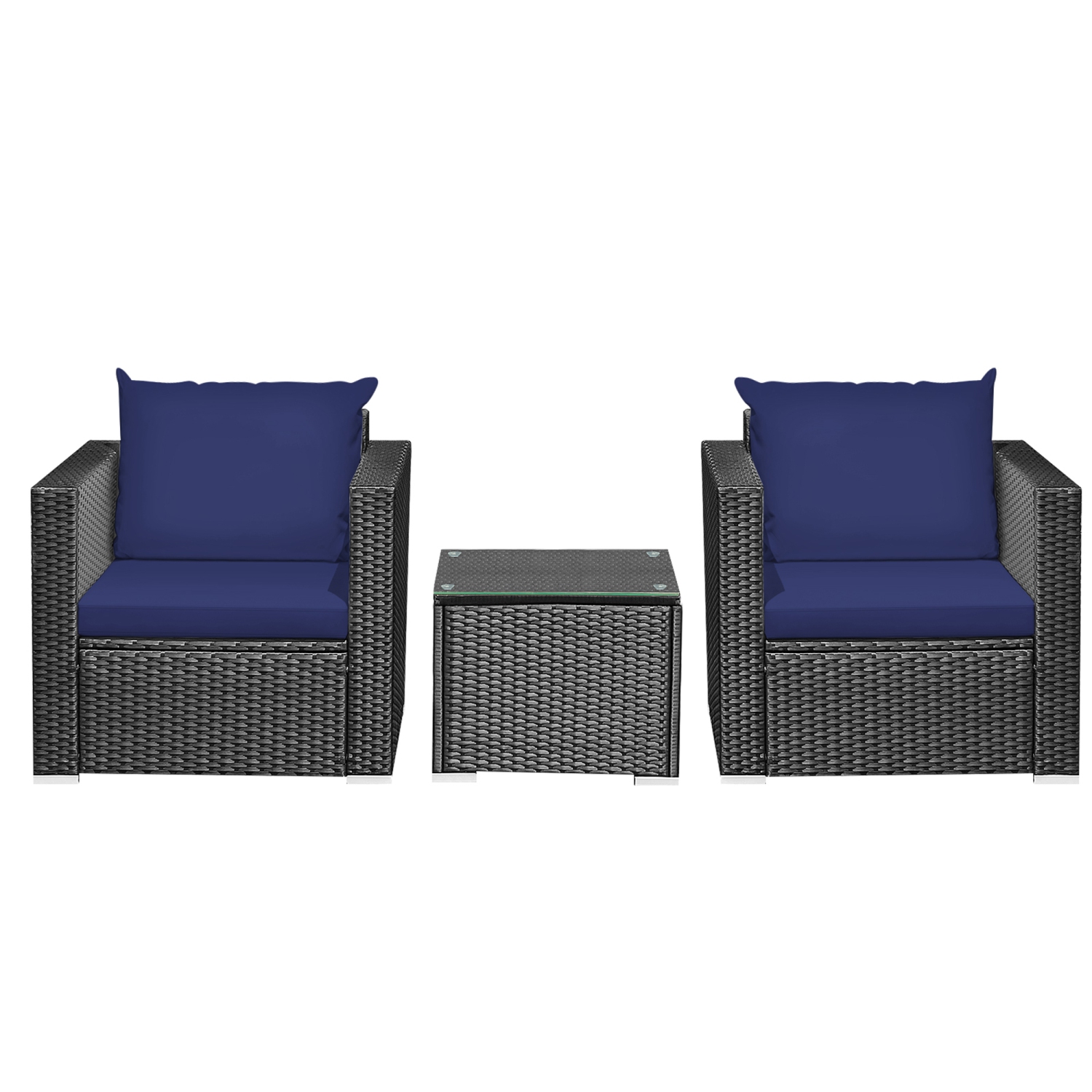Gymax 3PCS Rattan Patio Conversation Furniture Set Outdoor w/ Navy Cushions