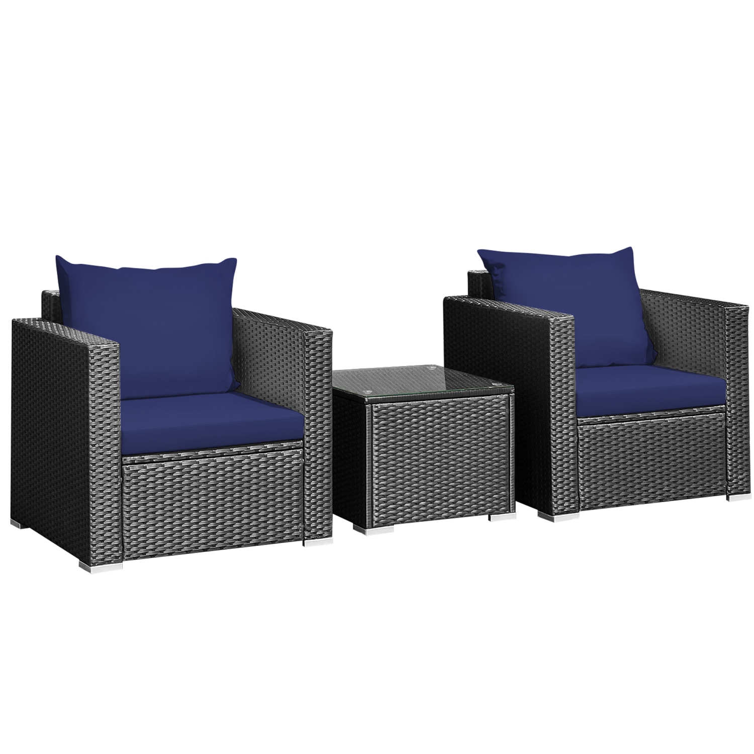 Gymax 3PCS Rattan Patio Conversation Furniture Set Outdoor w/ Navy Cushions