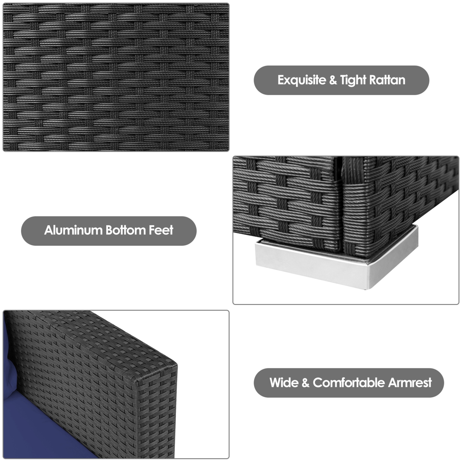 Gymax 3PCS Rattan Patio Conversation Furniture Set Outdoor w/ Navy Cushions