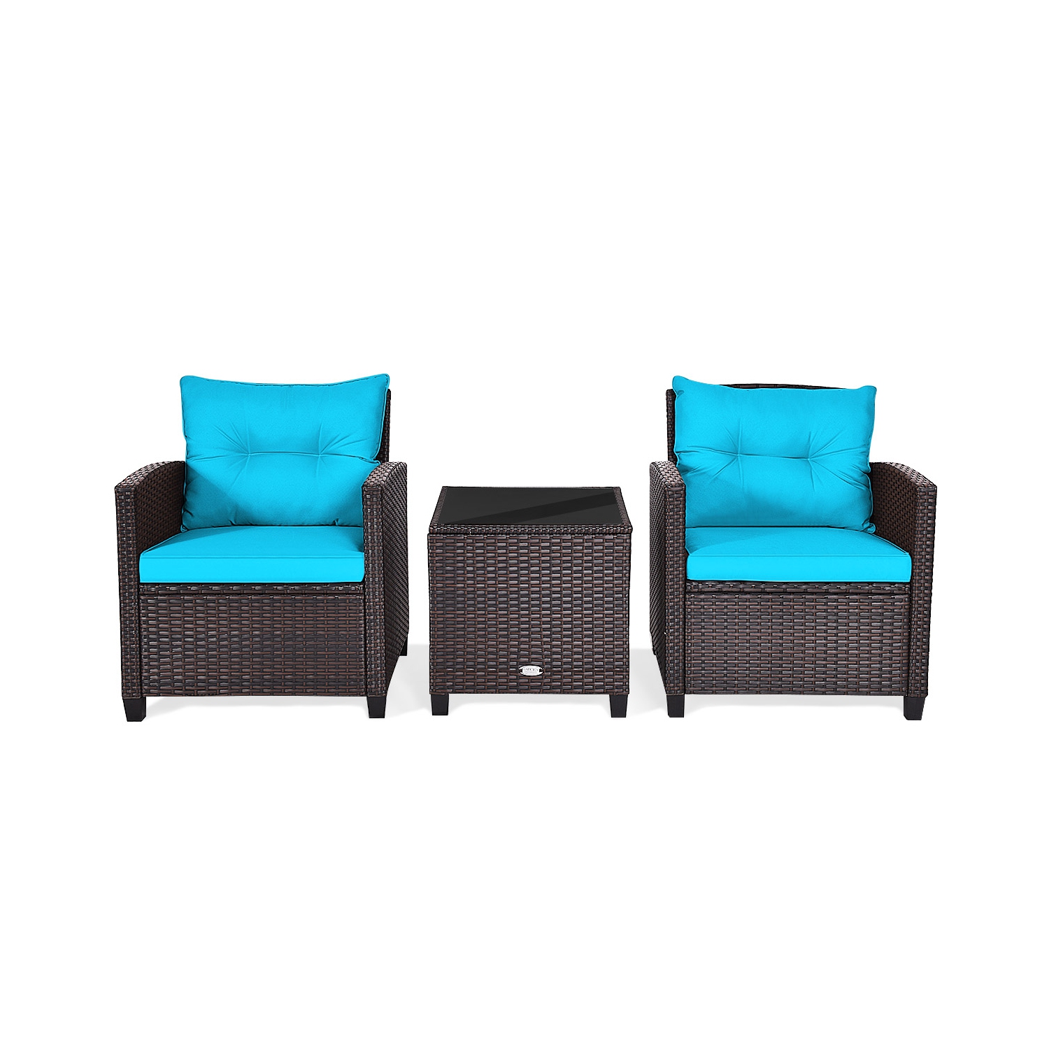 Patiojoy 3PCS Wicker Cushioned Conversation Set Outdoor Rattan Furniture w/Turquoise Cushions