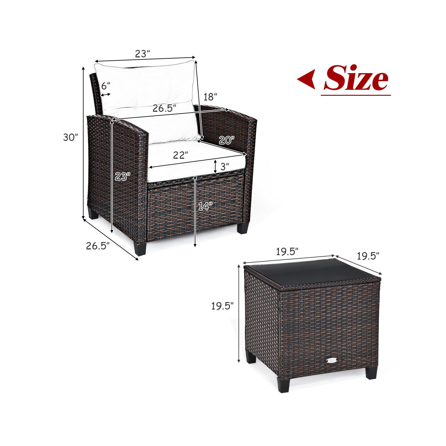 Patiojoy 3PCS Wicker Cushioned Conversation Set Outdoor Rattan Furniture w/Turquoise Cushions