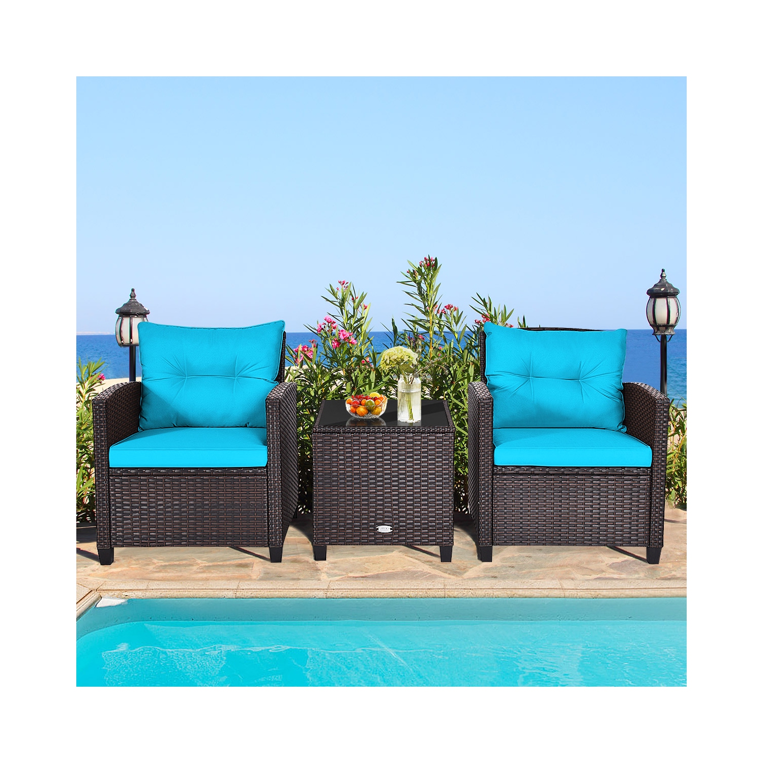 Patiojoy 3PCS Wicker Cushioned Conversation Set Outdoor Rattan Furniture w/Turquoise Cushions