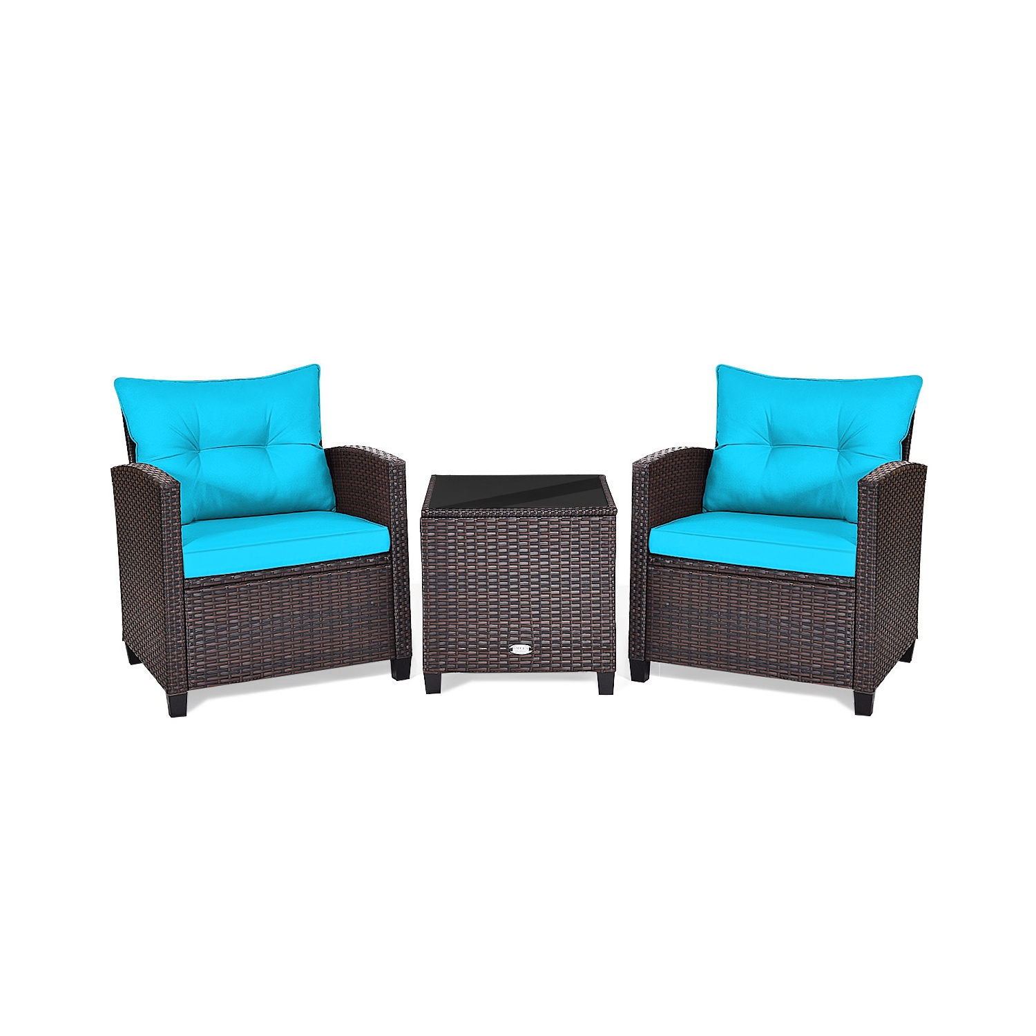 Patiojoy 3PCS Wicker Cushioned Conversation Set Outdoor Rattan Furniture w/Turquoise Cushions