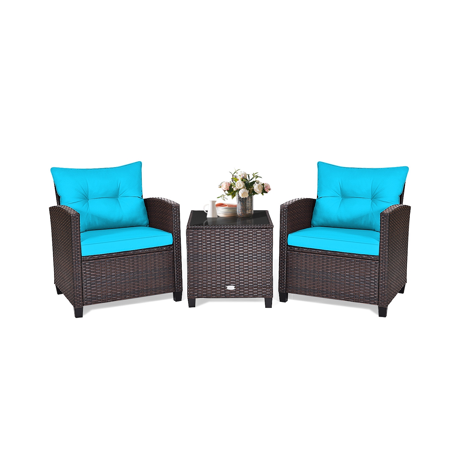 Patiojoy 3PCS Wicker Cushioned Conversation Set Outdoor Rattan Furniture w/Turquoise Cushions