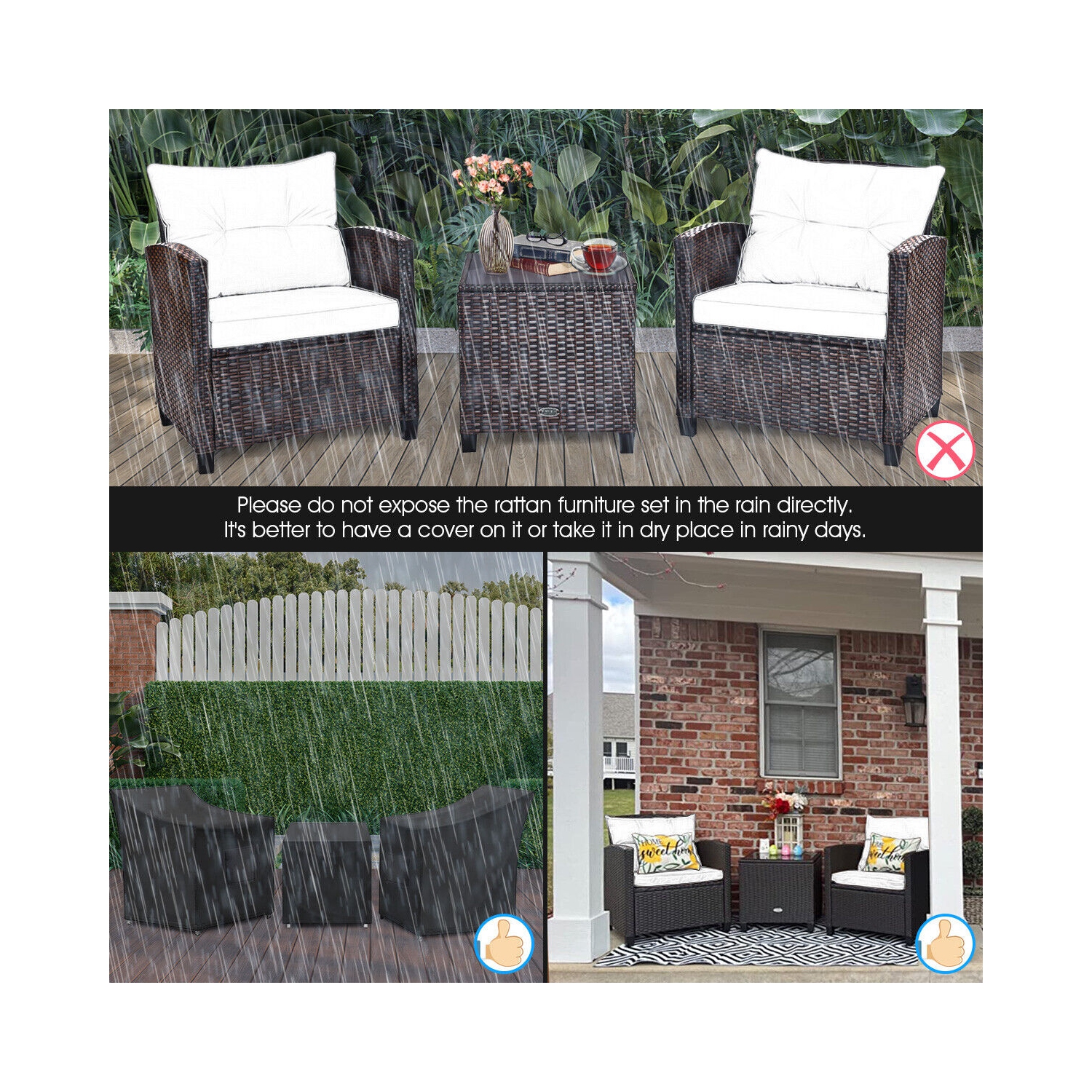 Patiojoy 3PCS Wicker Cushioned Conversation Set Outdoor Rattan Furniture w/Turquoise Cushions