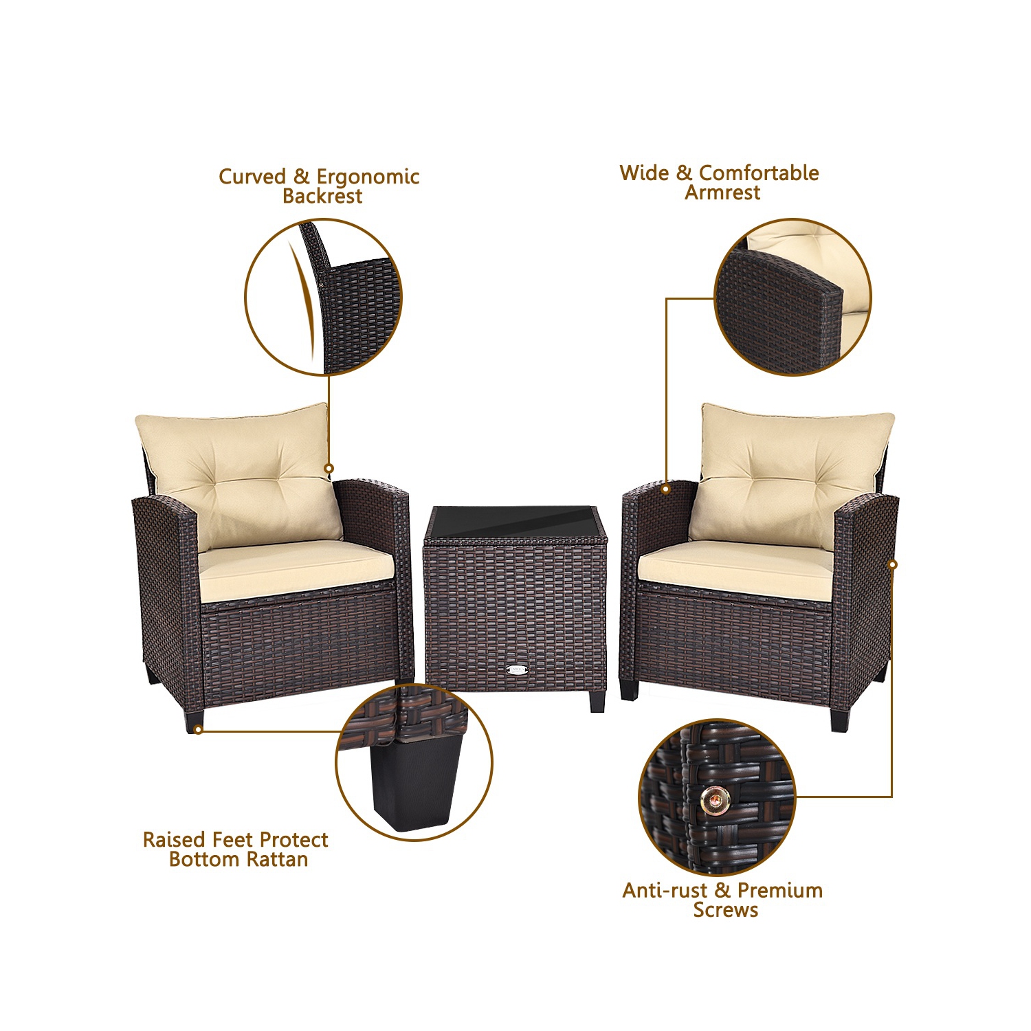 Ensemble de patio rembourré en osier de 3 pièces de TopBuy