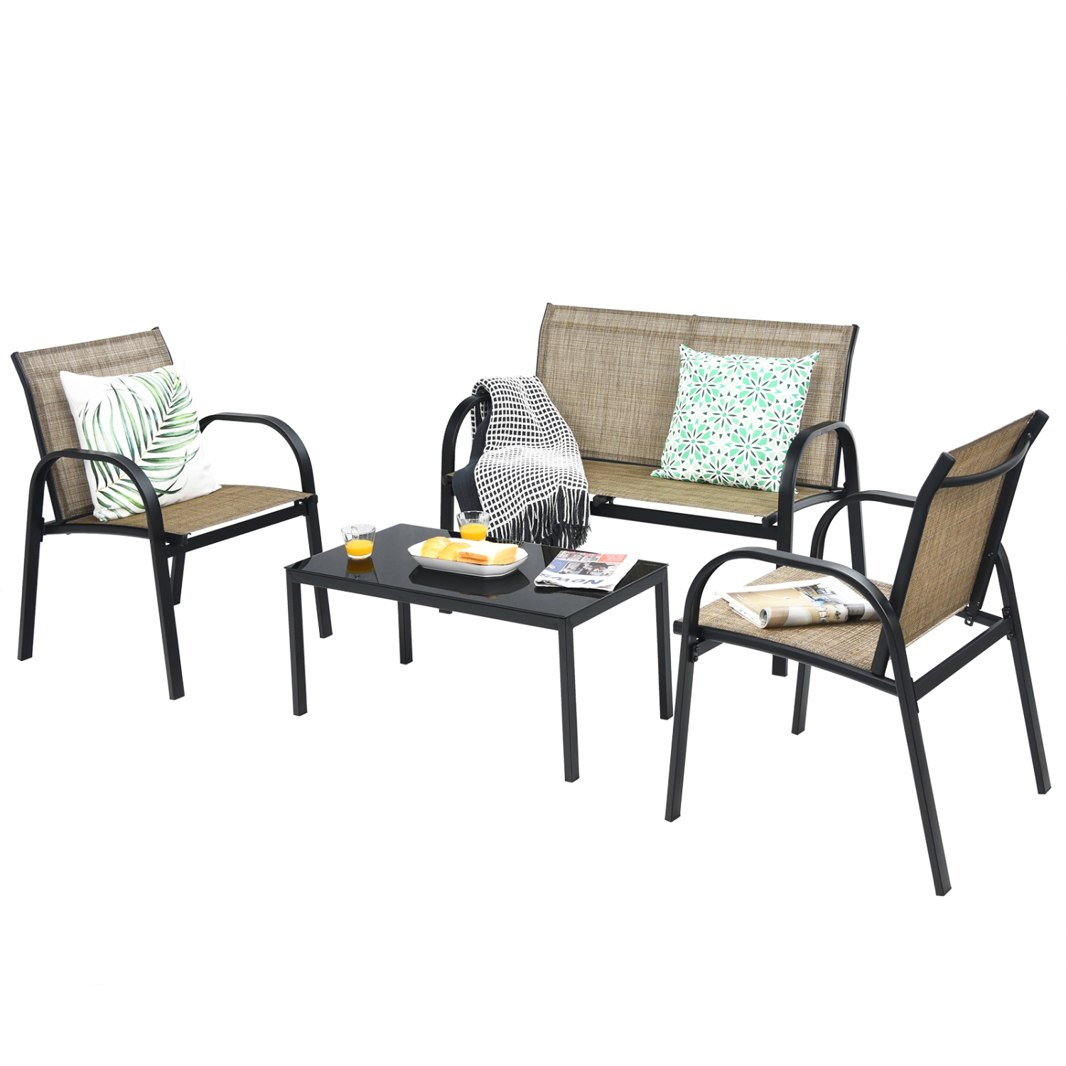 TopBuy – Ensemble de mobilier noir 4 pièces chaises table basse patio jardin de marque nouveau brun