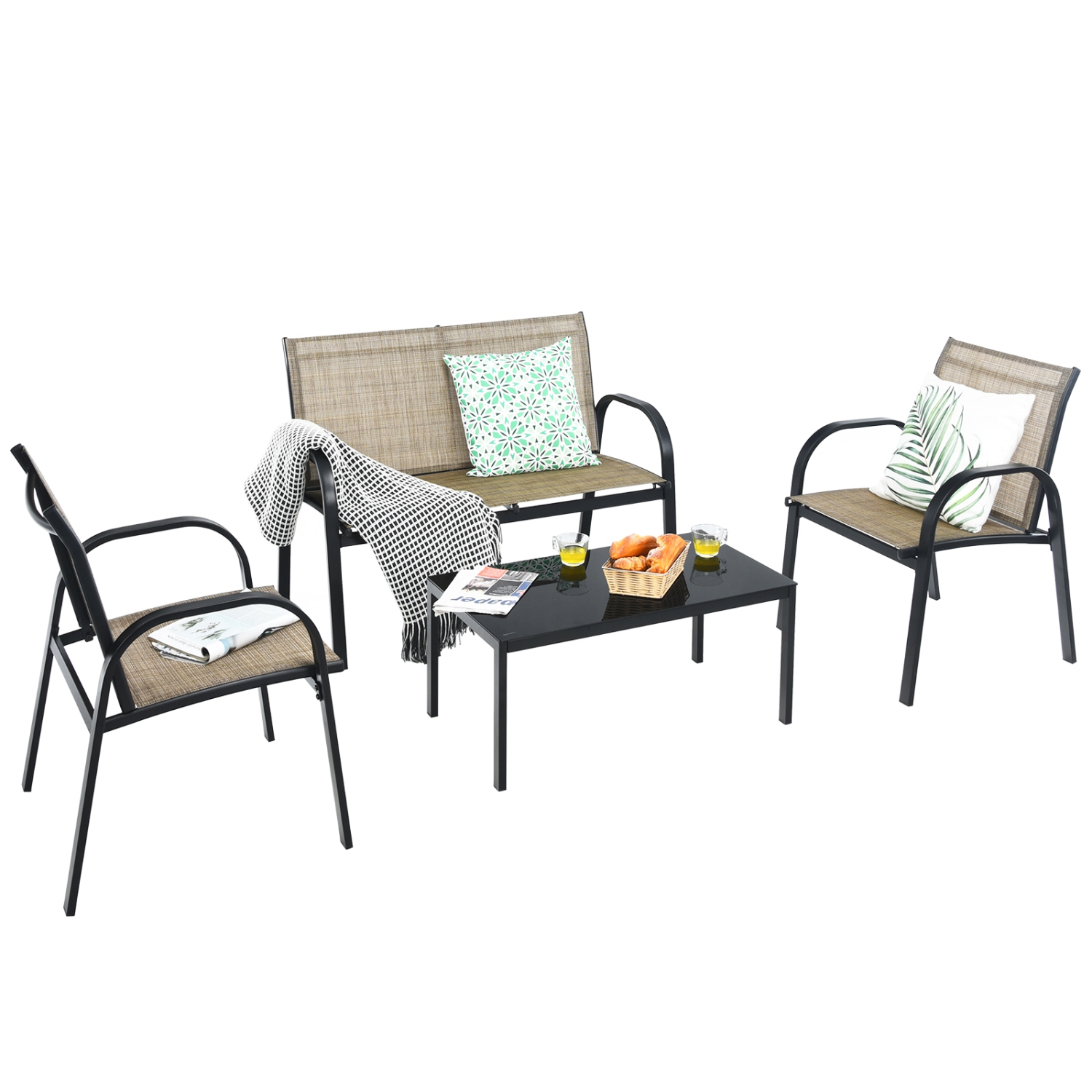 TopBuy – Ensemble de mobilier noir 4 pièces chaises table basse patio jardin de marque nouveau brun