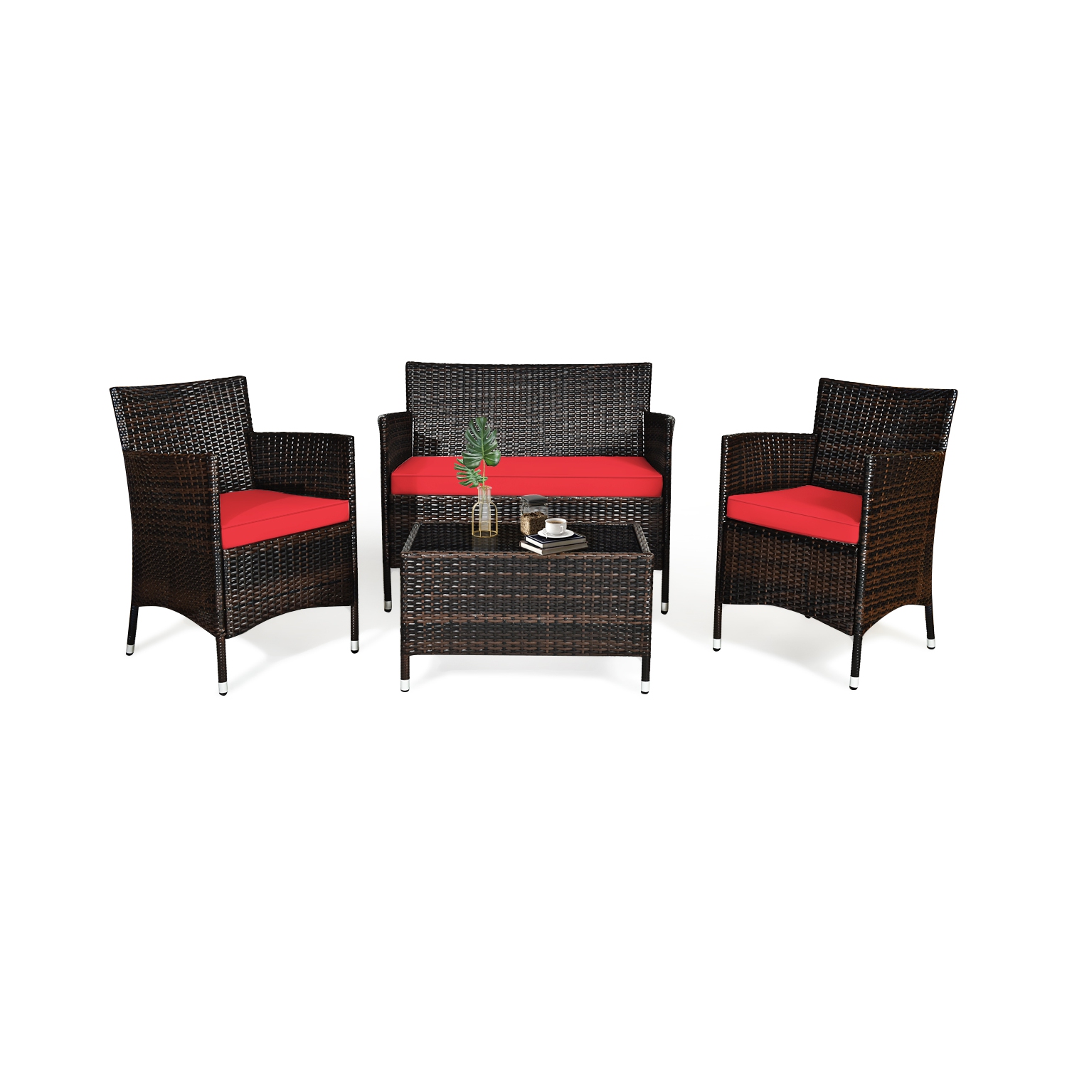 Topbuy 4-Piece Patio Rattan Wicker Furniture Set Sofa Chair Table Set w/ Red Cushions