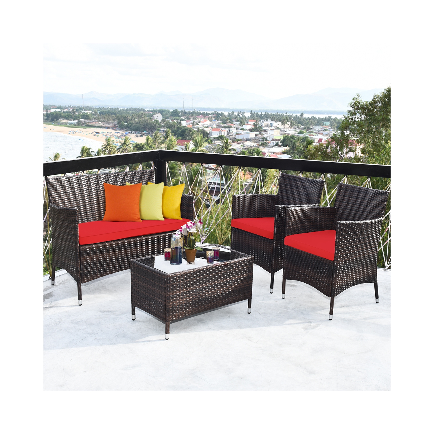 Topbuy 4-Piece Patio Rattan Wicker Furniture Set Sofa Chair Table Set w/ Red Cushions
