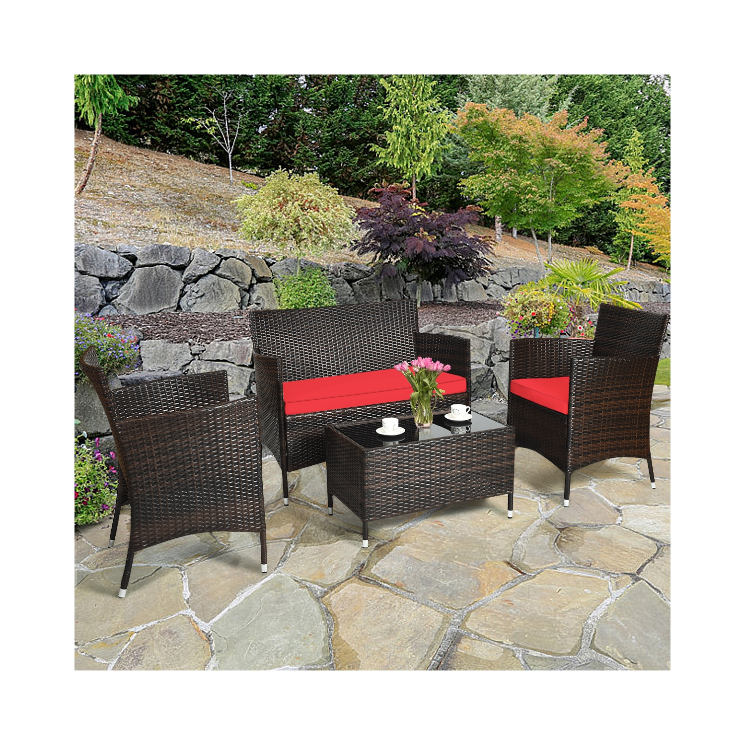 Topbuy 4-Piece Patio Rattan Wicker Furniture Set Sofa Chair Table Set w/ Red Cushions