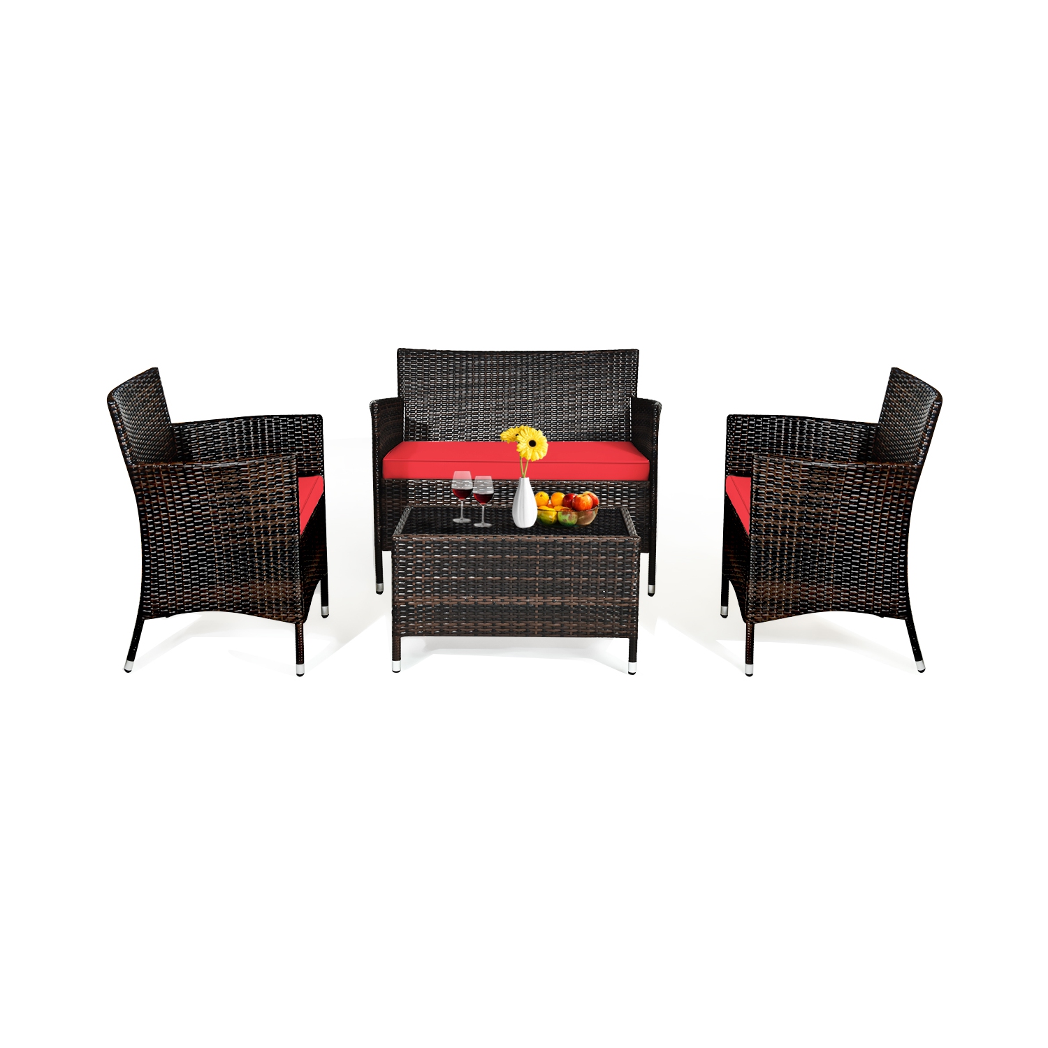 Topbuy 4-Piece Patio Rattan Wicker Furniture Set Sofa Chair Table Set w/ Red Cushions
