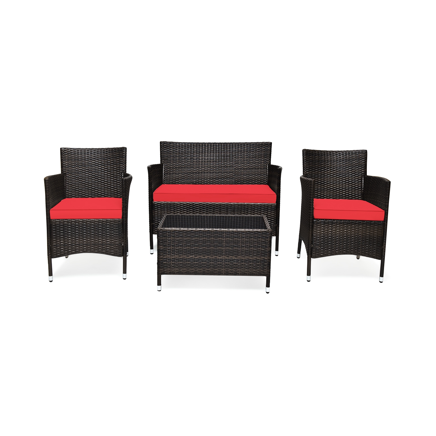 Topbuy 4-Piece Patio Rattan Wicker Furniture Set Sofa Chair Table Set w/ Red Cushions