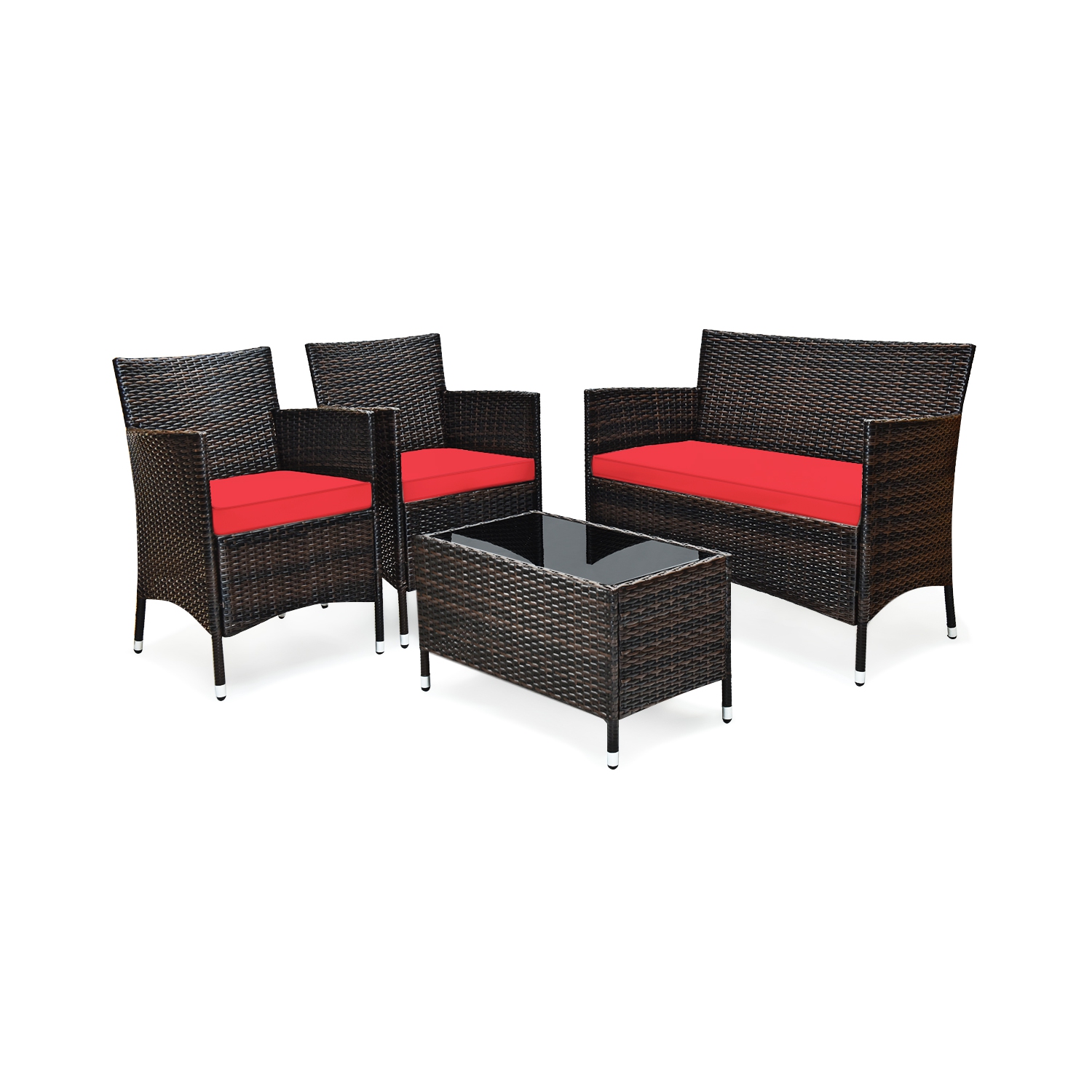 Topbuy 4-Piece Patio Rattan Wicker Furniture Set Sofa Chair Table Set w/ Red Cushions
