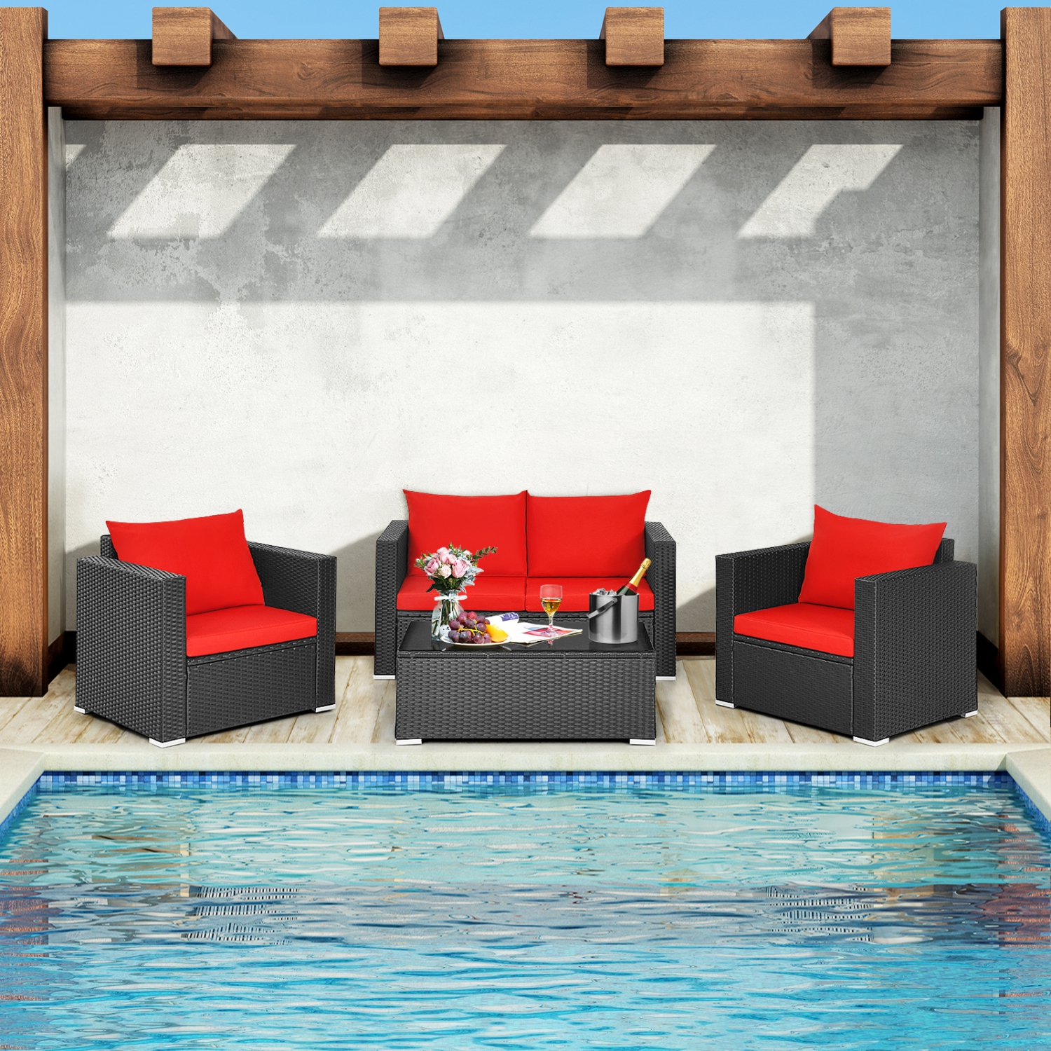 Ensemble patio de 4 pièces en rotin et osier de PatioJoy avec sofa modulaire et table basse