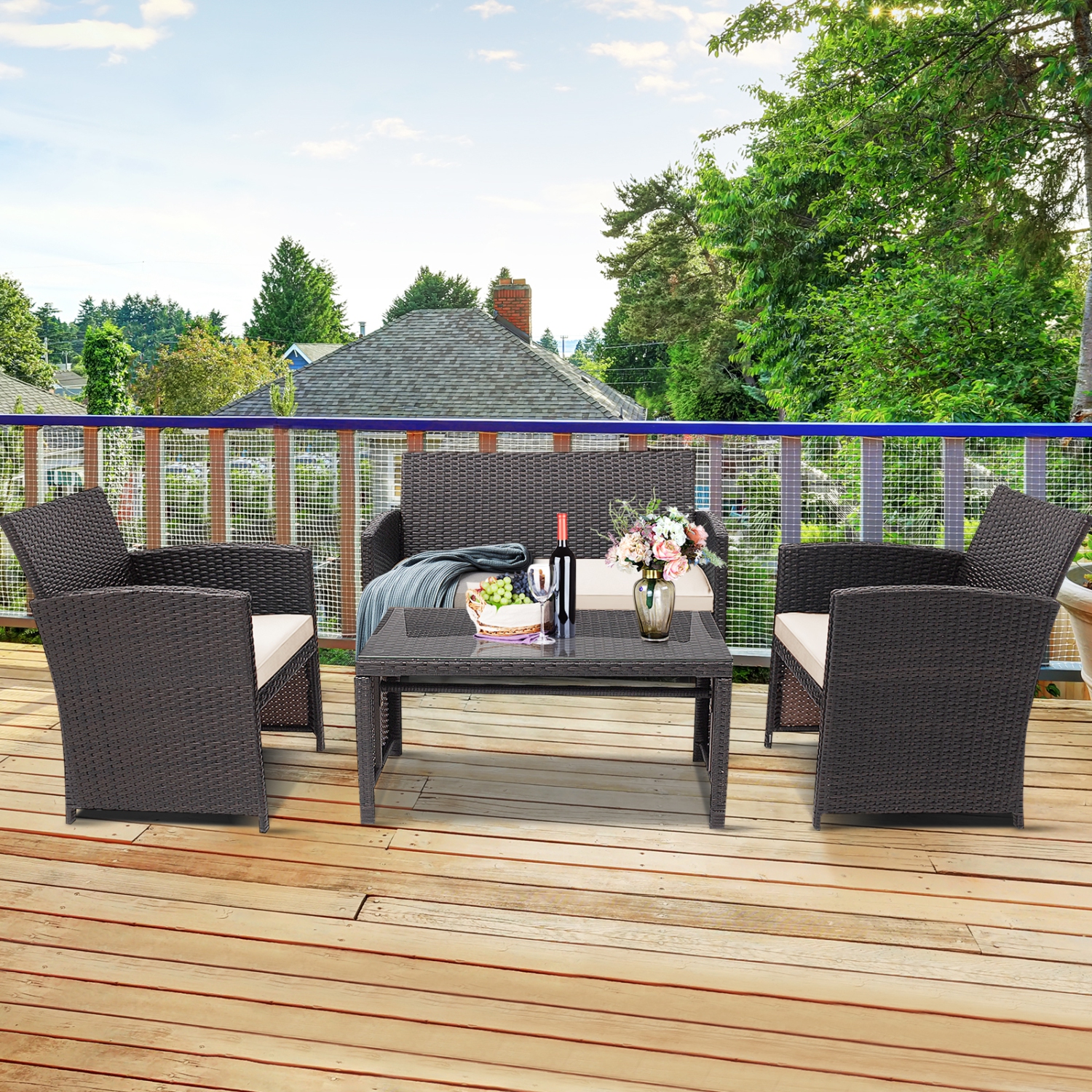 Patiojoy 8PCS Outdoor Patio Furniture Sets Weather-Resistant Rattan Sofas w/ Soft Cushion White