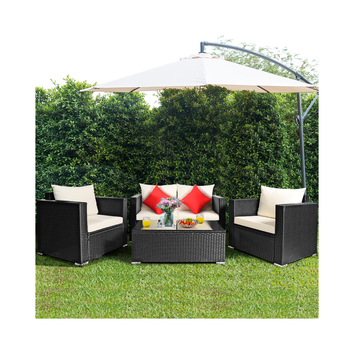 Ensemble patio de 4 pièces en rotin et osier de PatioJoy avec sofa modulaire et table basse