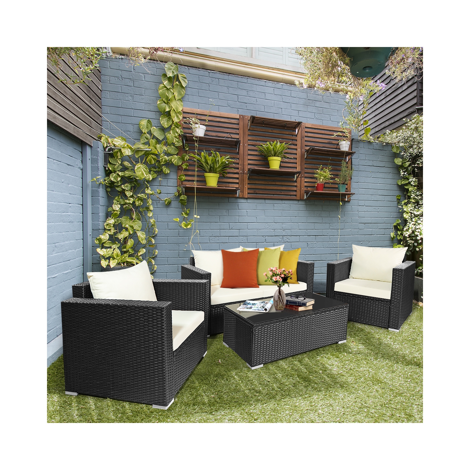 Ensemble patio de 4 pièces en rotin et osier de PatioJoy avec sofa modulaire et table basse
