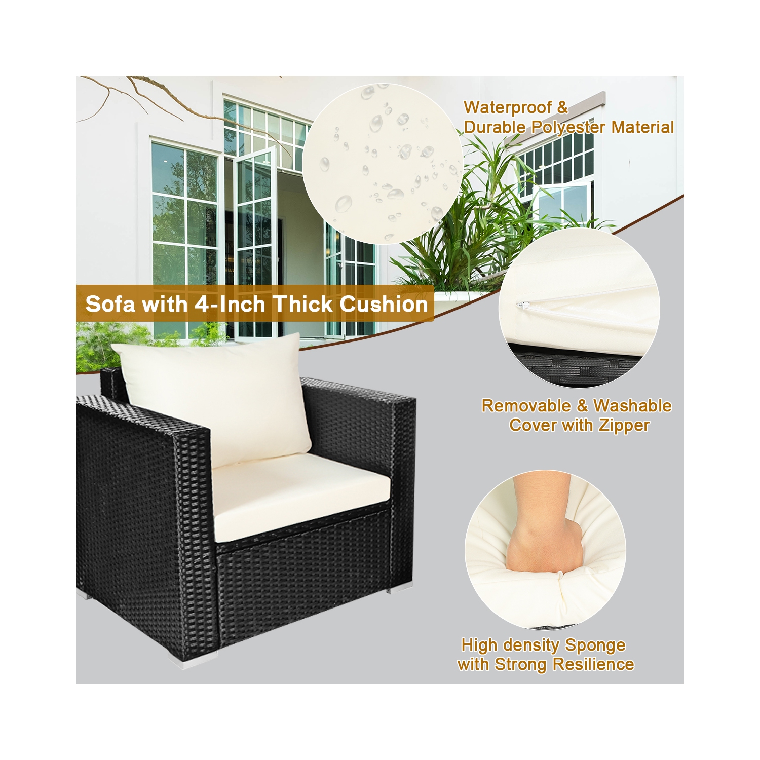 Ensemble patio de 4 pièces en rotin et osier de PatioJoy avec sofa modulaire et table basse