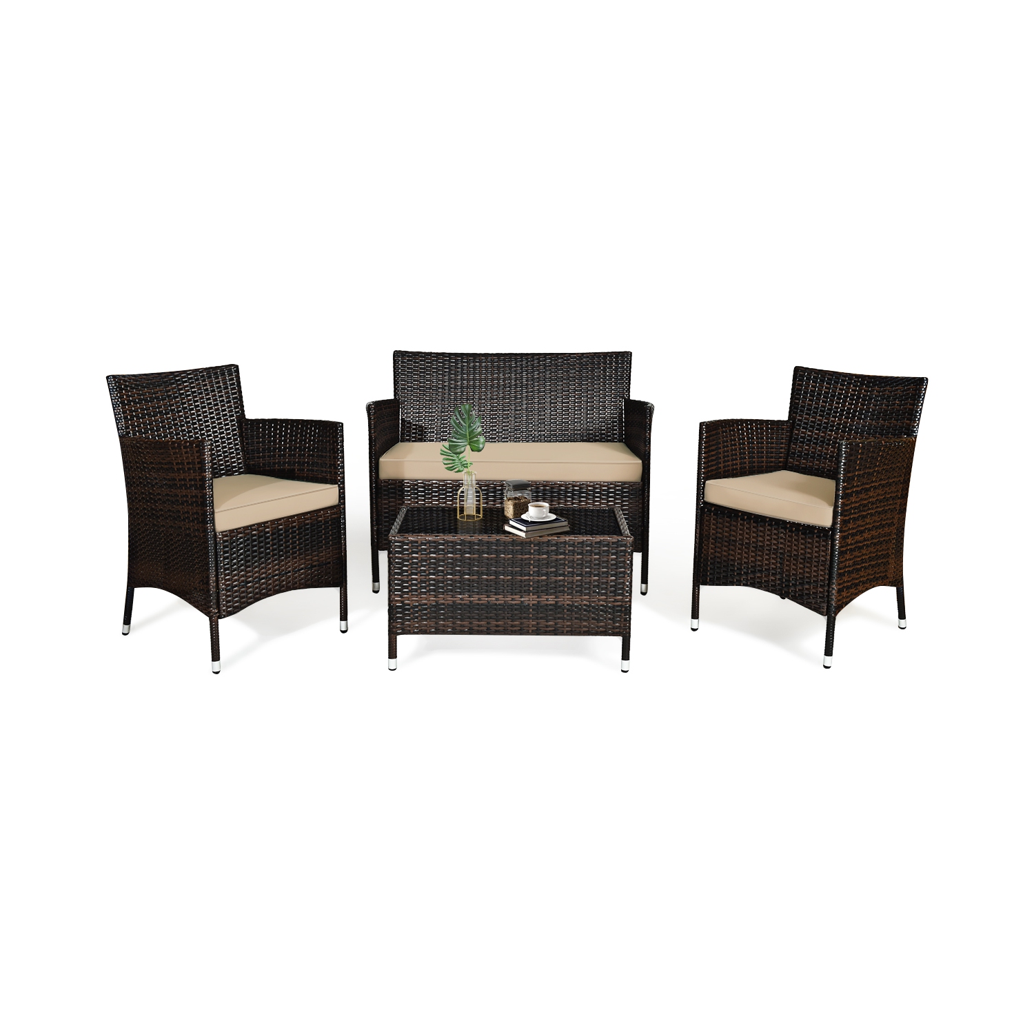 Ensemble 4 pièces patio en rotin de TopBuy avec table de salon avec coussins brun assortis