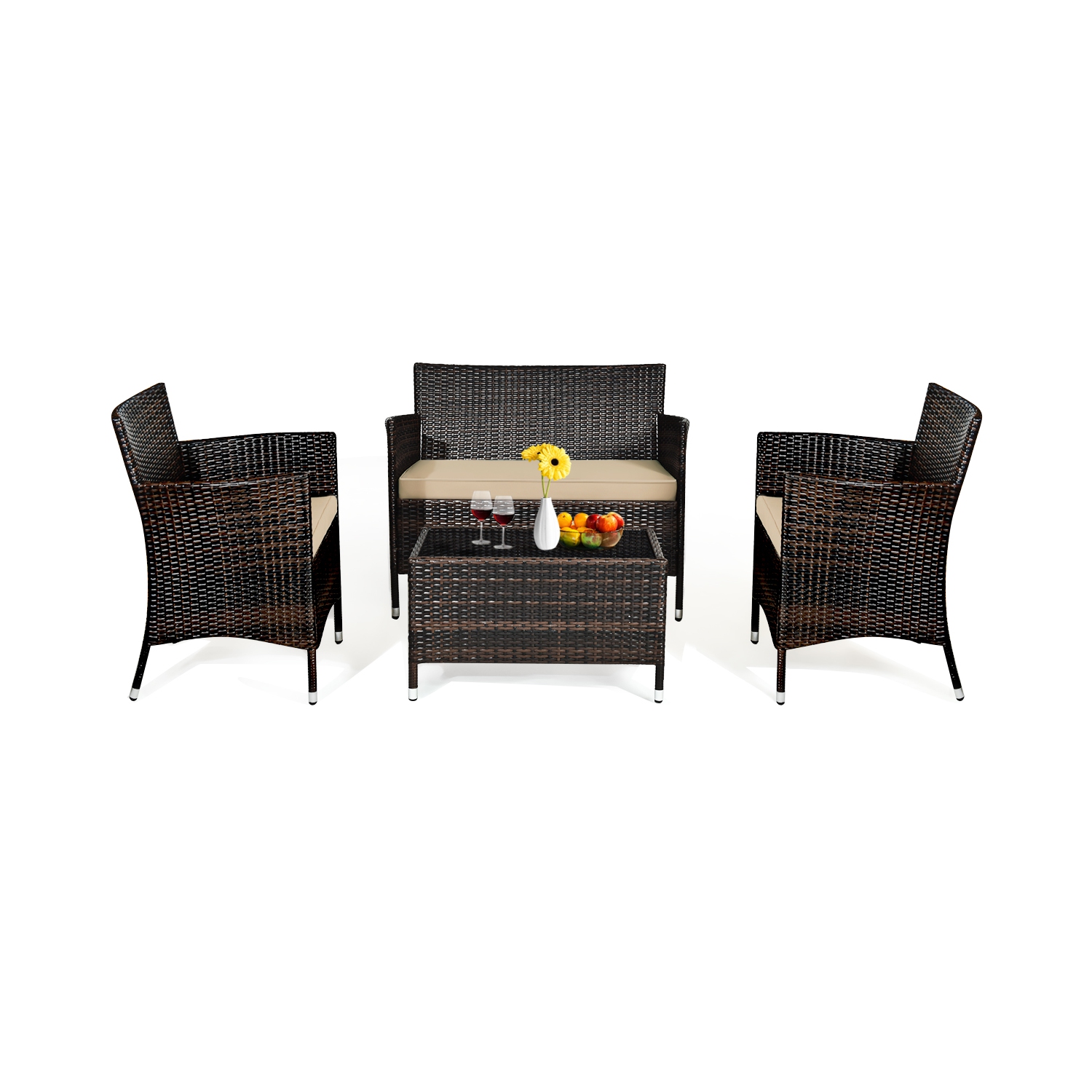 Ensemble 4 pièces patio en rotin de TopBuy avec table de salon avec coussins brun assortis