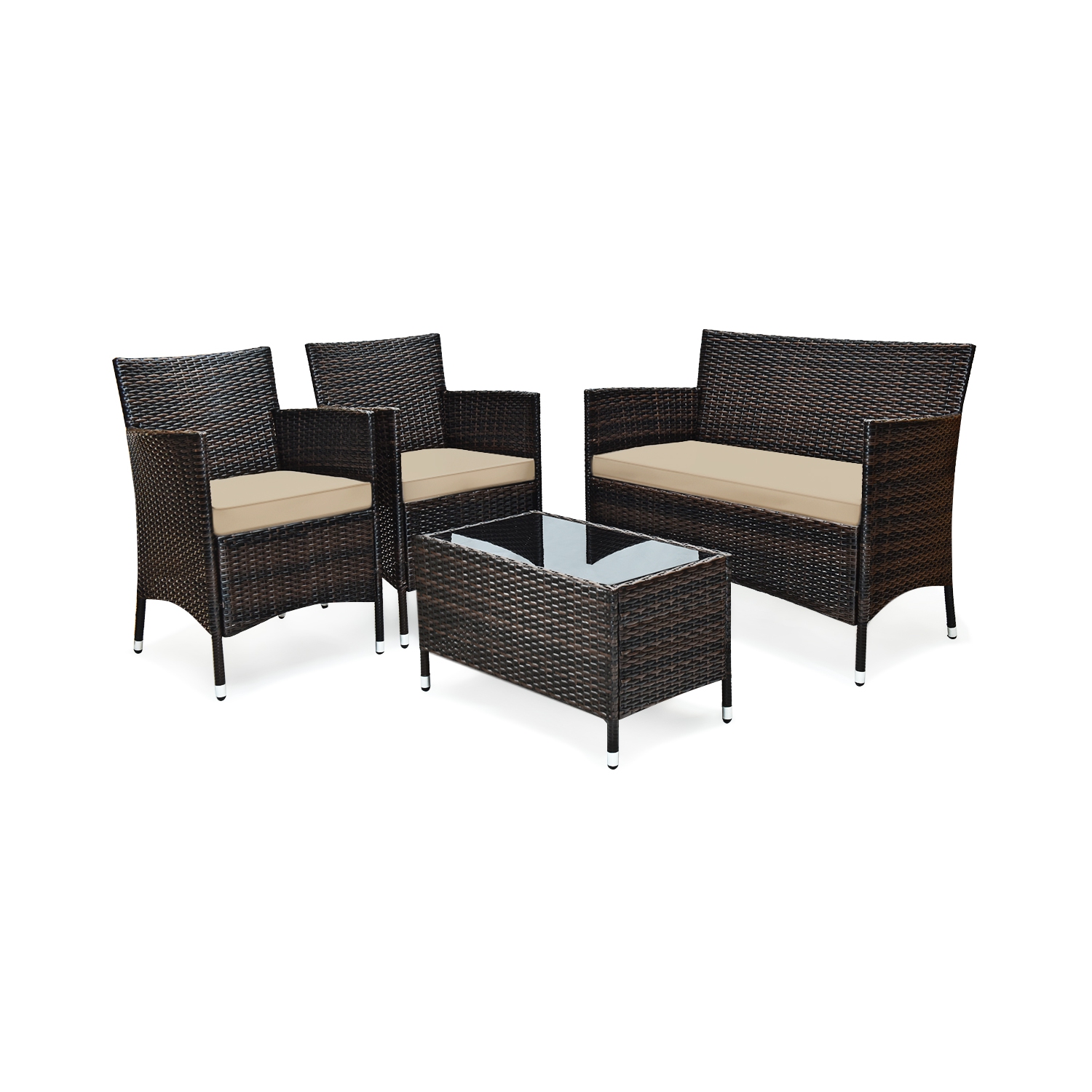 Ensemble 4 pièces patio en rotin de TopBuy avec table de salon avec coussins brun assortis