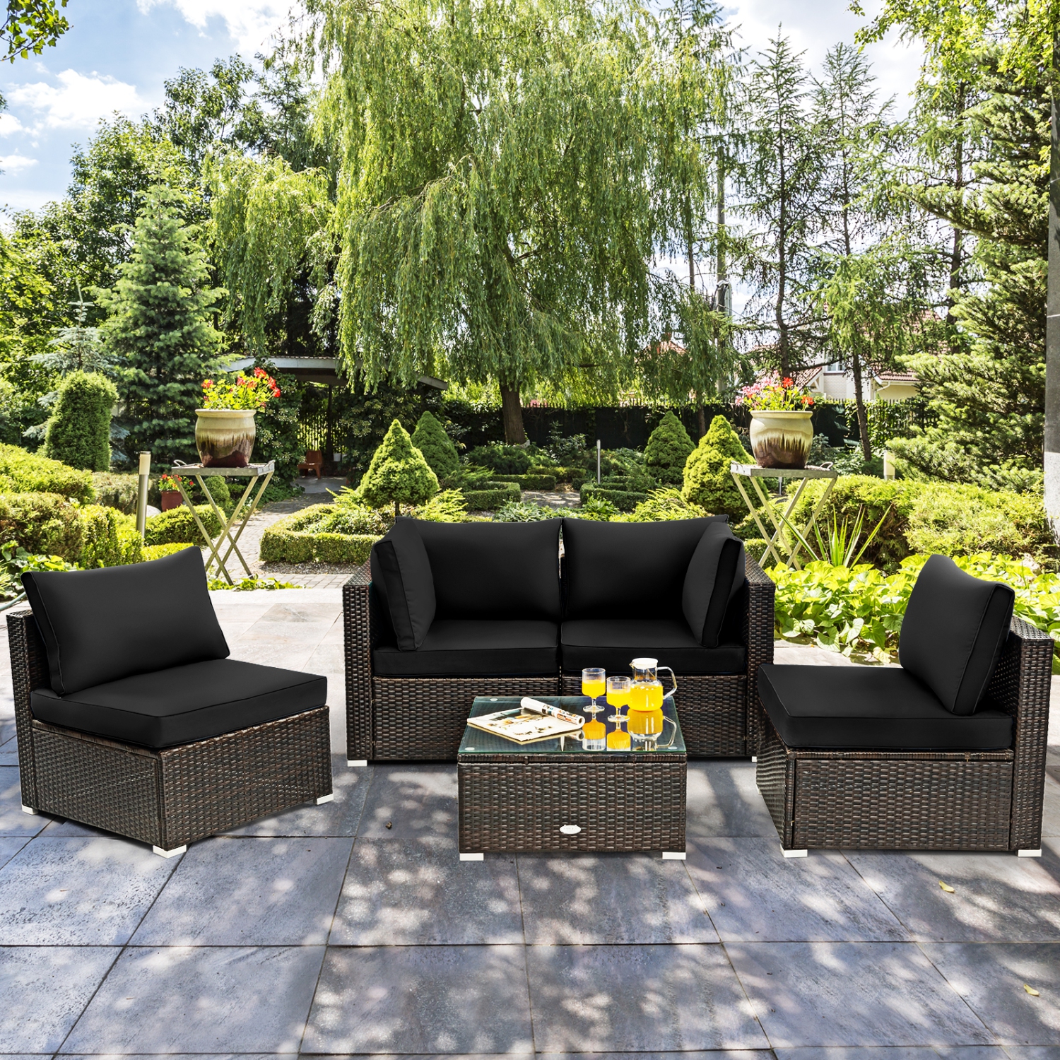 Patiojoy 5PCS Rattan Patio Furniture Set Cushioned Sofa Chair Coffee Table Set Easy Assemble Black