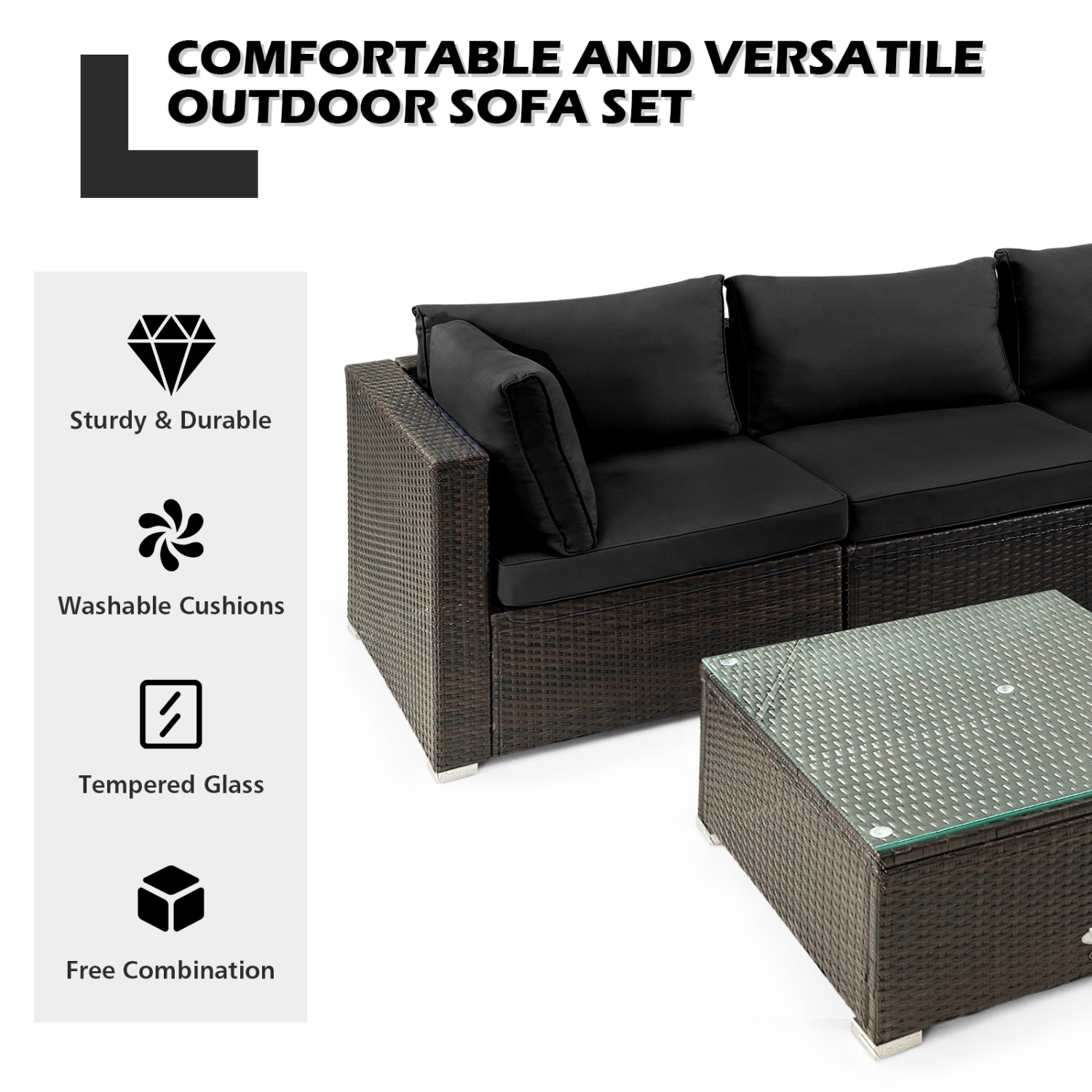 Patiojoy 5PCS Rattan Patio Furniture Set Cushioned Sofa Chair Coffee Table Set Easy Assemble Black