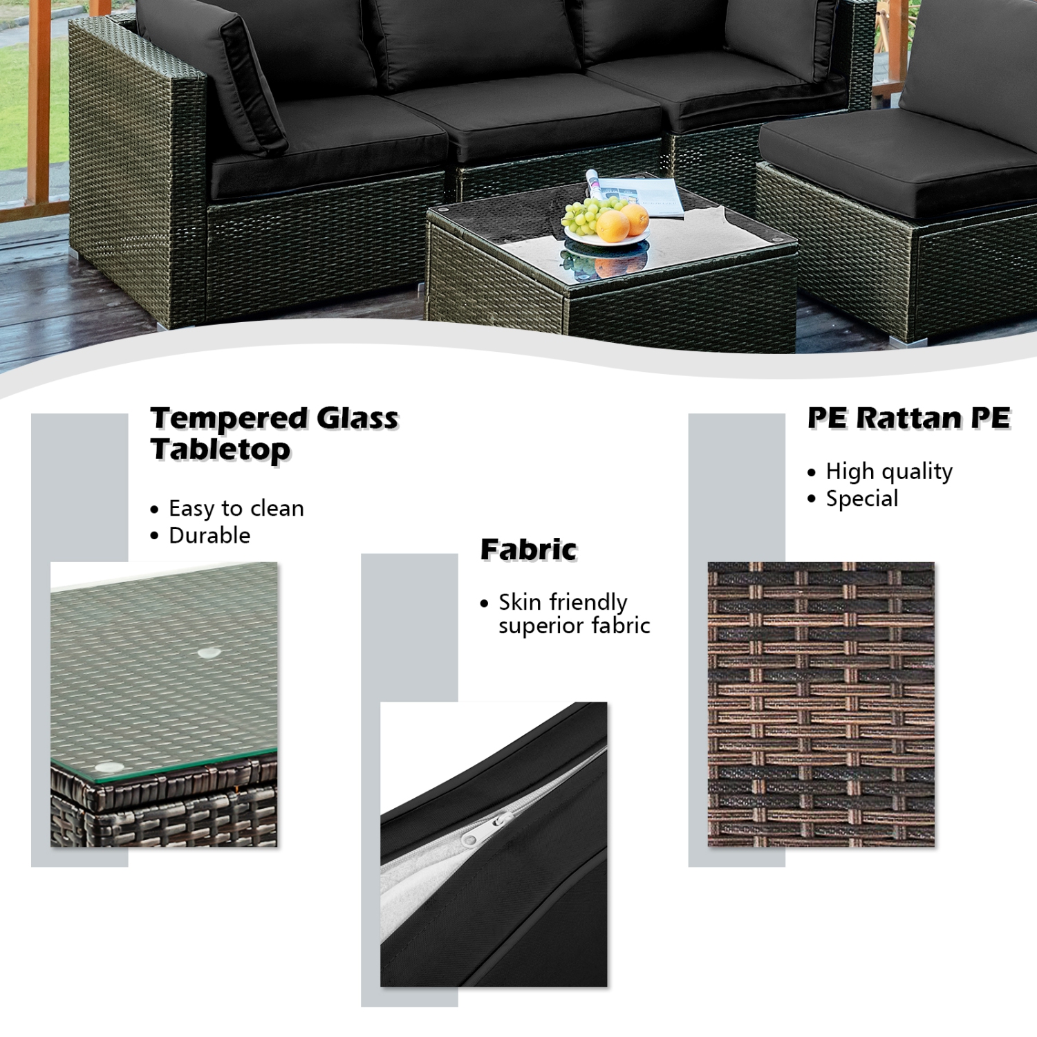 Patiojoy 5PCS Rattan Patio Furniture Set Cushioned Sofa Chair Coffee Table Set Easy Assemble Black