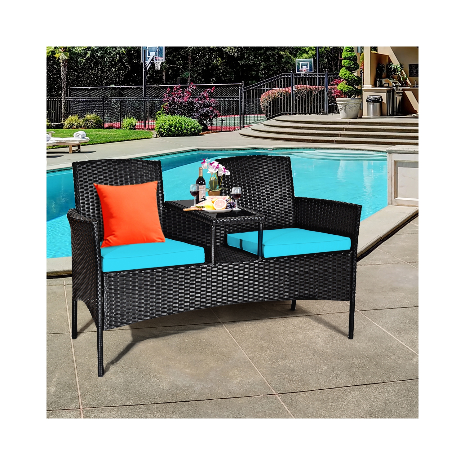 Topbuy Outdoor Patio Rattan Wicker Conversation Set Loveseat Sofa with Coffee Table Patented Turquoise/Red