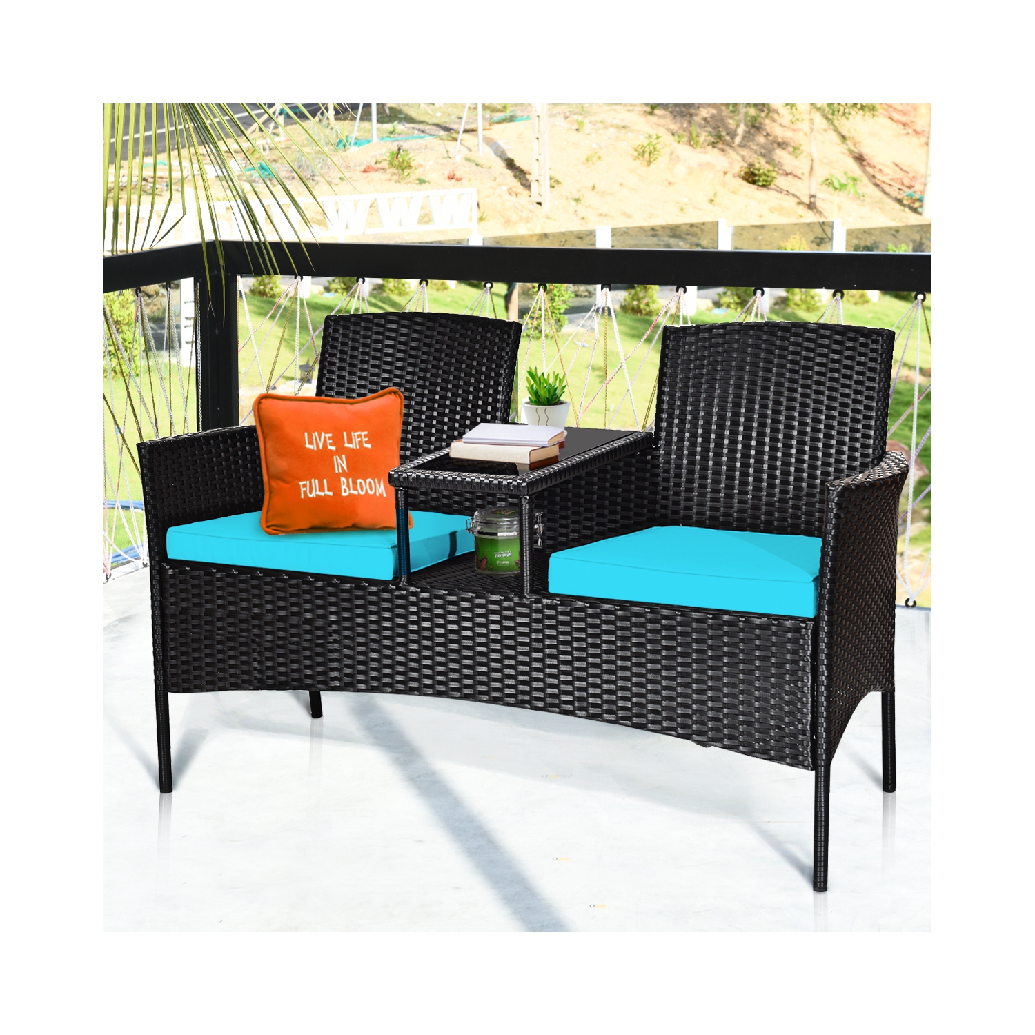 Topbuy Outdoor Patio Rattan Wicker Conversation Set Loveseat Sofa with Coffee Table Patented Turquoise/Red