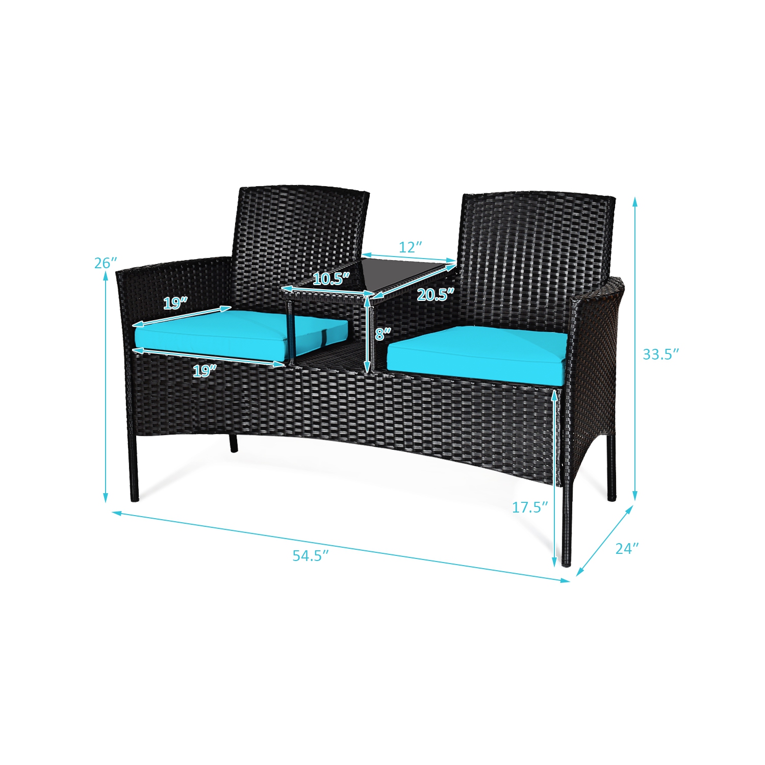 Topbuy Outdoor Patio Rattan Wicker Conversation Set Loveseat Sofa with Coffee Table Patented Turquoise/Red