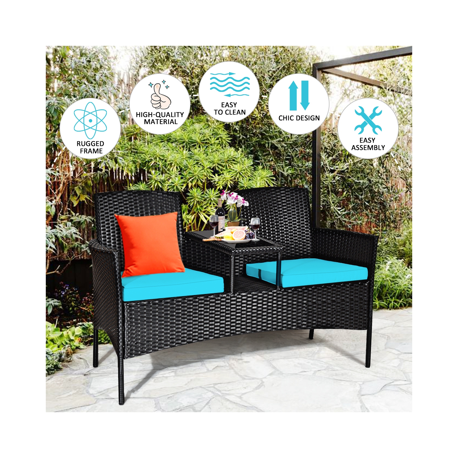 Topbuy Outdoor Patio Rattan Wicker Conversation Set Loveseat Sofa with Coffee Table Patented Turquoise/Red