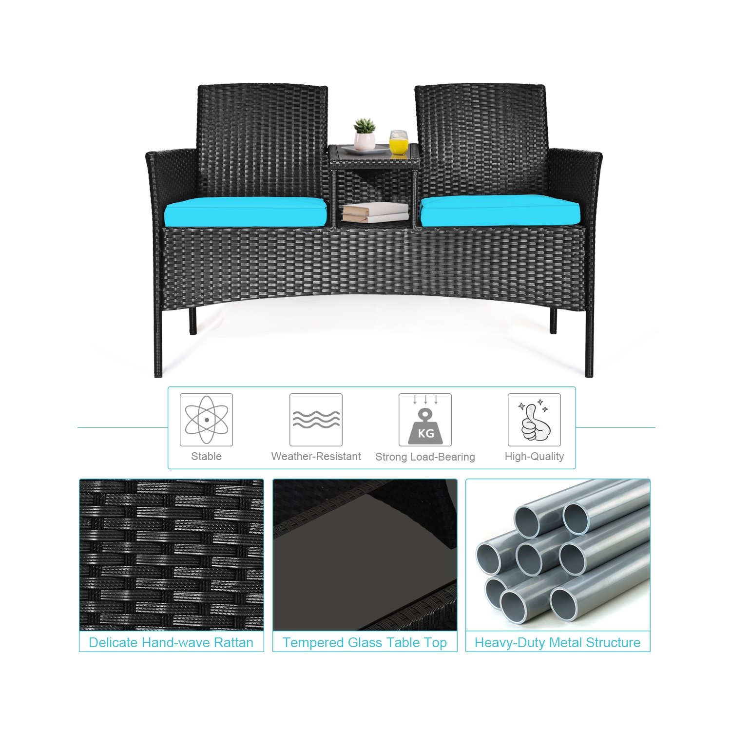 Topbuy Outdoor Patio Rattan Wicker Conversation Set Loveseat Sofa with Coffee Table Patented Turquoise/Red
