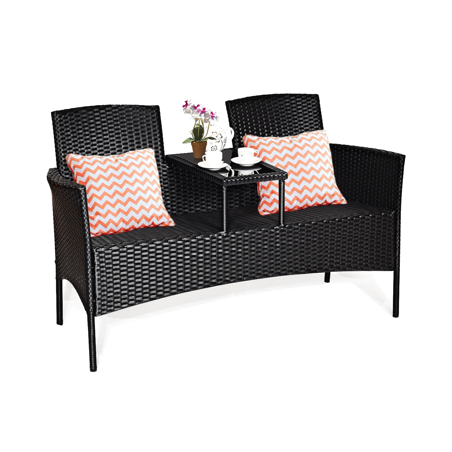Topbuy Outdoor Patio Rattan Wicker Conversation Set Loveseat Sofa with Coffee Table Patented Turquoise/Red
