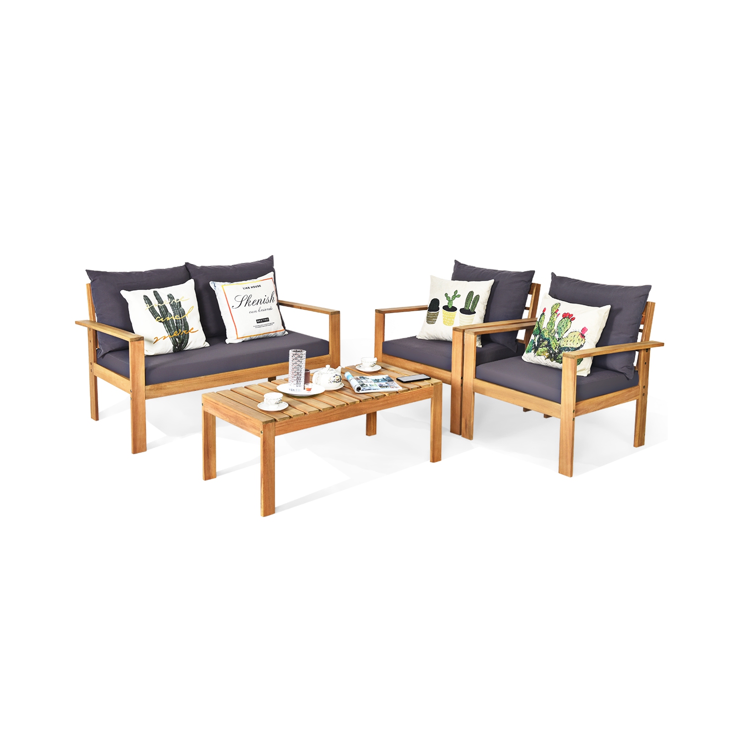 Topbuy 4 PCS Outdoor Acacia Wood Conversation Sofa Table Furniture Set W/ Grey Cushions