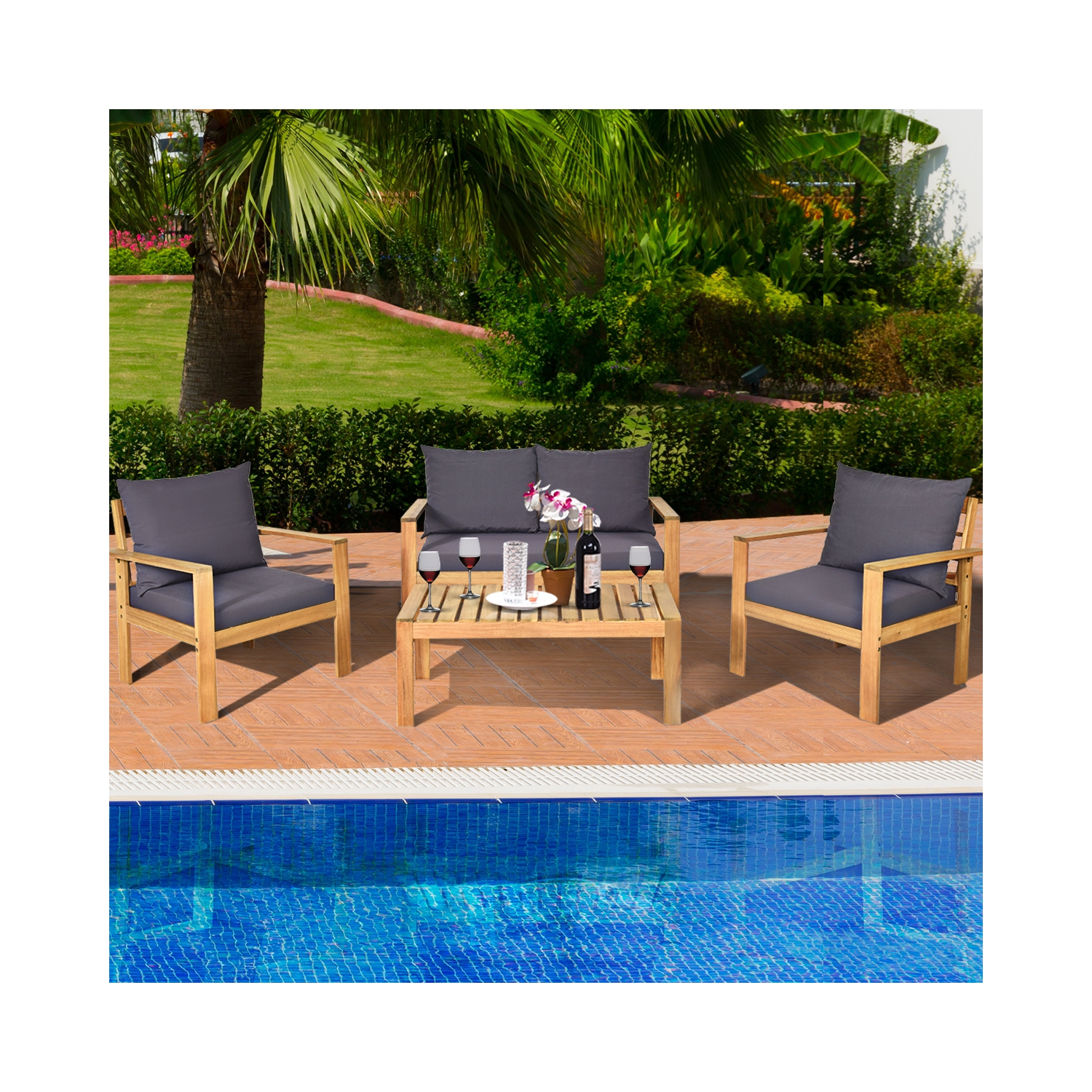 Topbuy 4 PCS Outdoor Acacia Wood Conversation Sofa Table Furniture Set W/ Grey Cushions