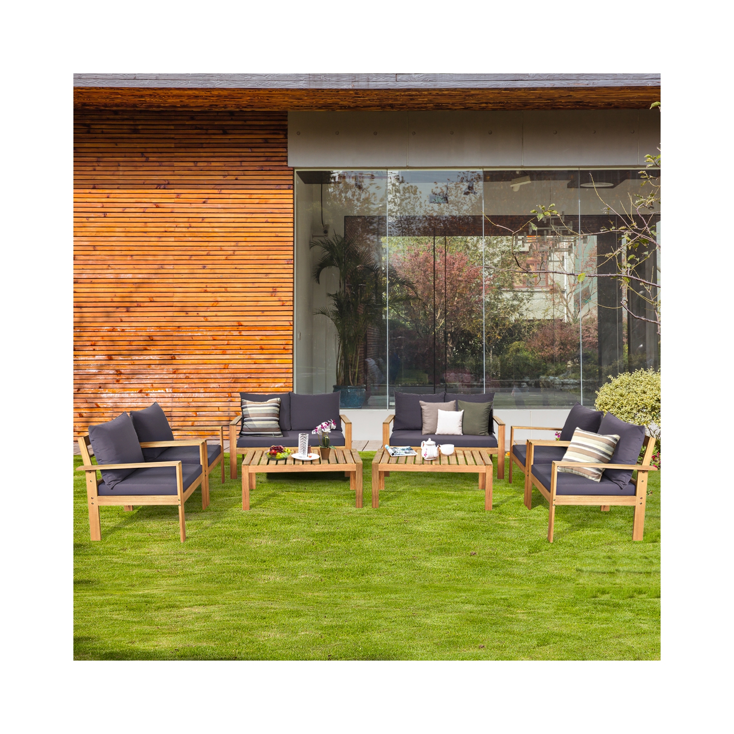 Topbuy 4 PCS Outdoor Acacia Wood Conversation Sofa Table Furniture Set W/ Grey Cushions