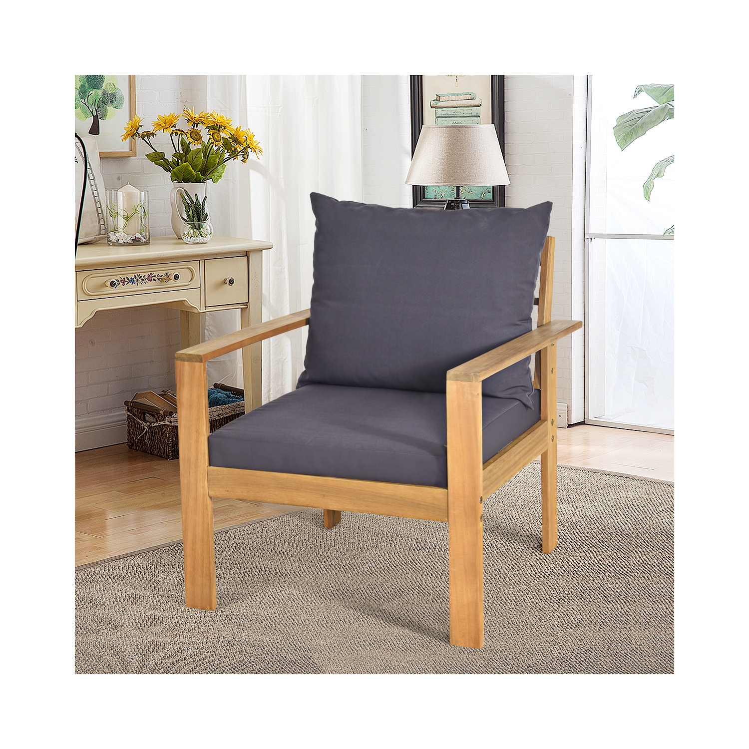 Topbuy 4 PCS Outdoor Acacia Wood Conversation Sofa Table Furniture Set W/ Grey Cushions