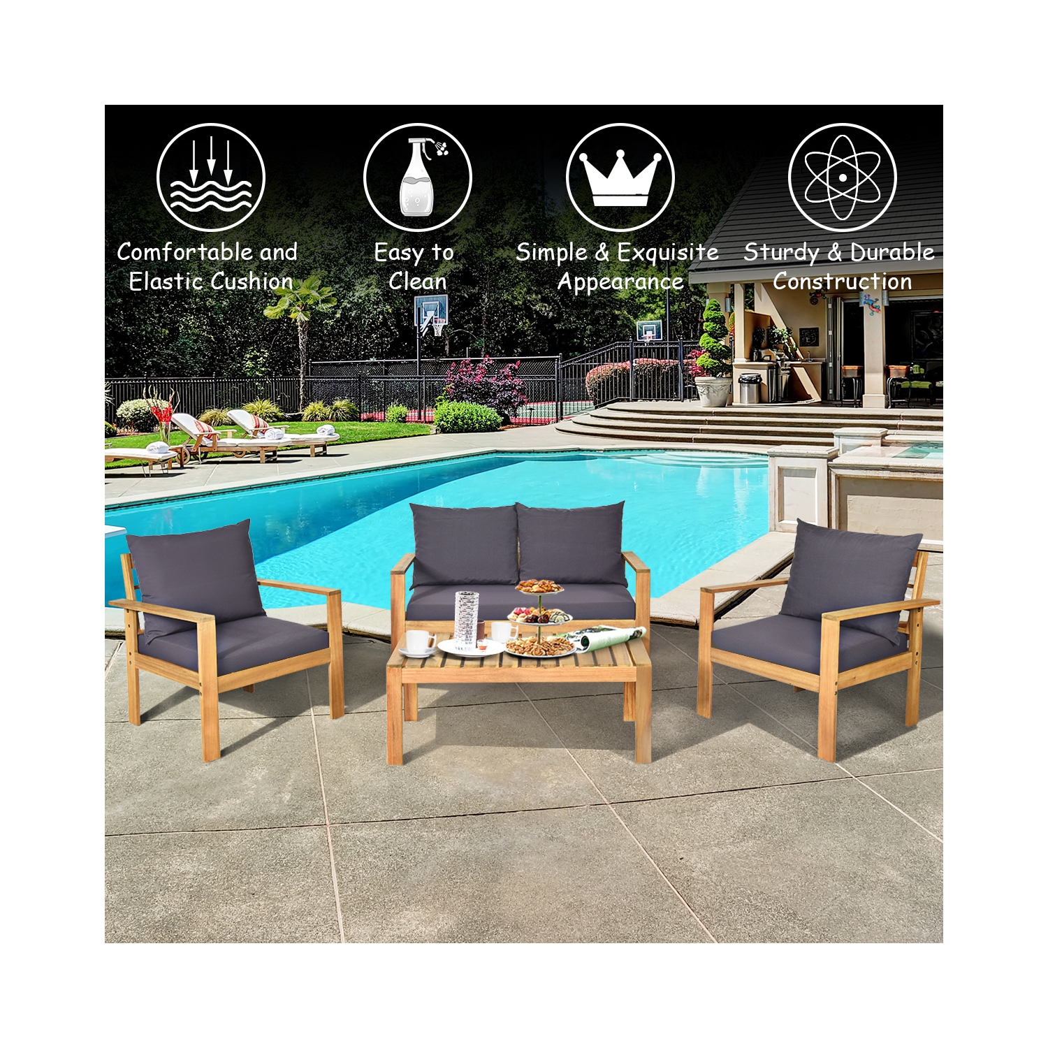 Topbuy 4 PCS Outdoor Acacia Wood Conversation Sofa Table Furniture Set W/ Grey Cushions