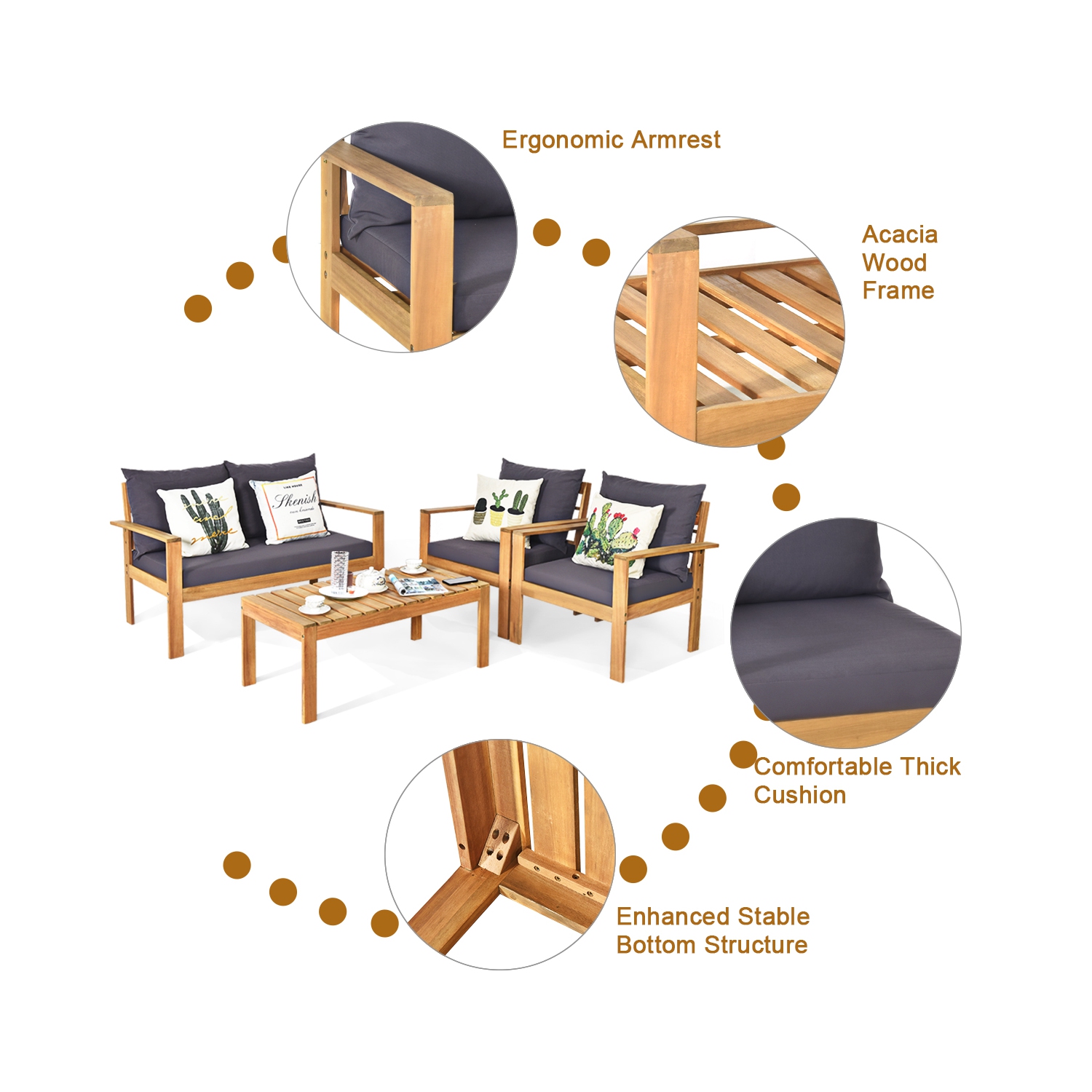 Topbuy 4 PCS Outdoor Acacia Wood Conversation Sofa Table Furniture Set W/ Grey Cushions