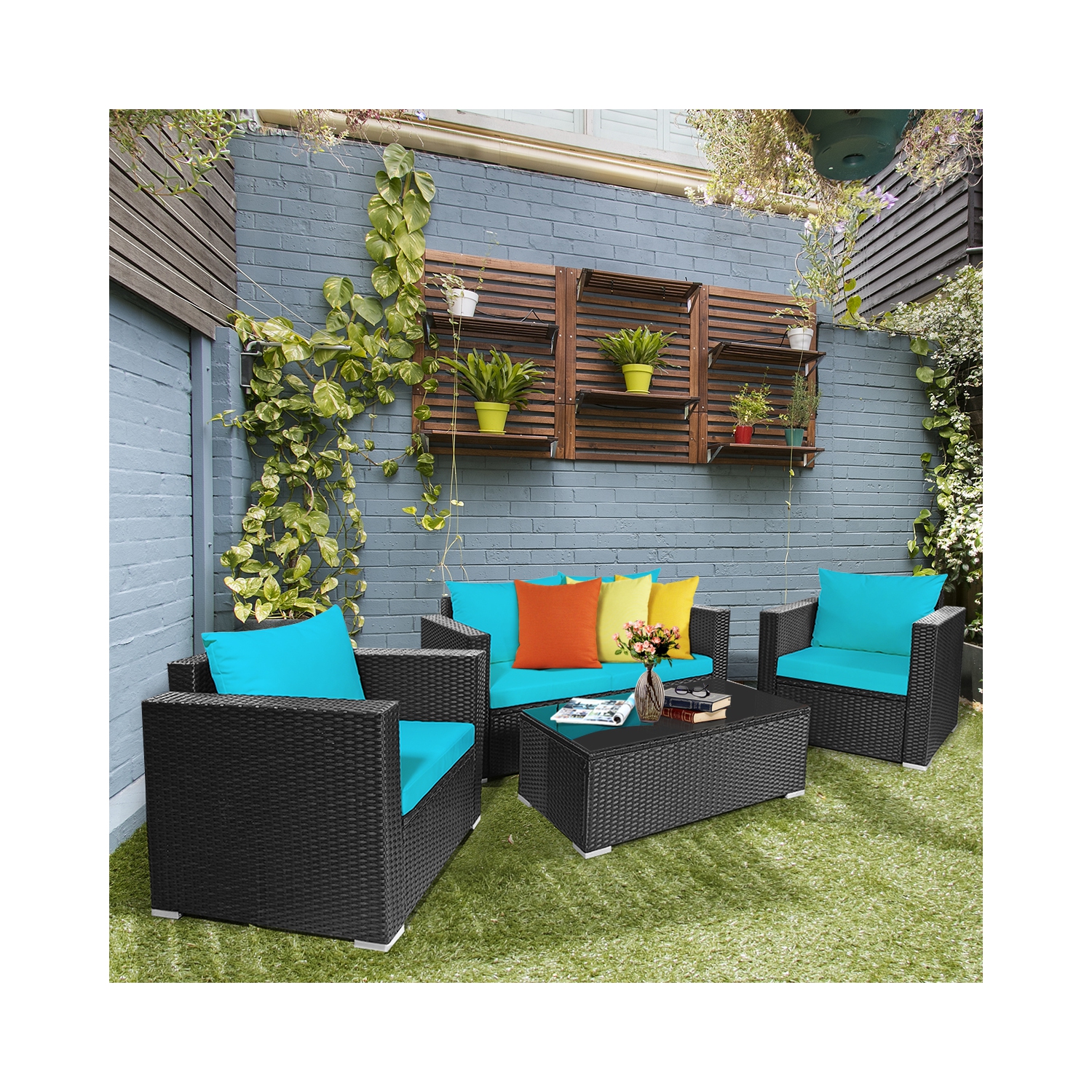 Patiojoy 4PC Patio Rattan Wicker Conversation Furniture Set Sectional Sofa & Coffee Table