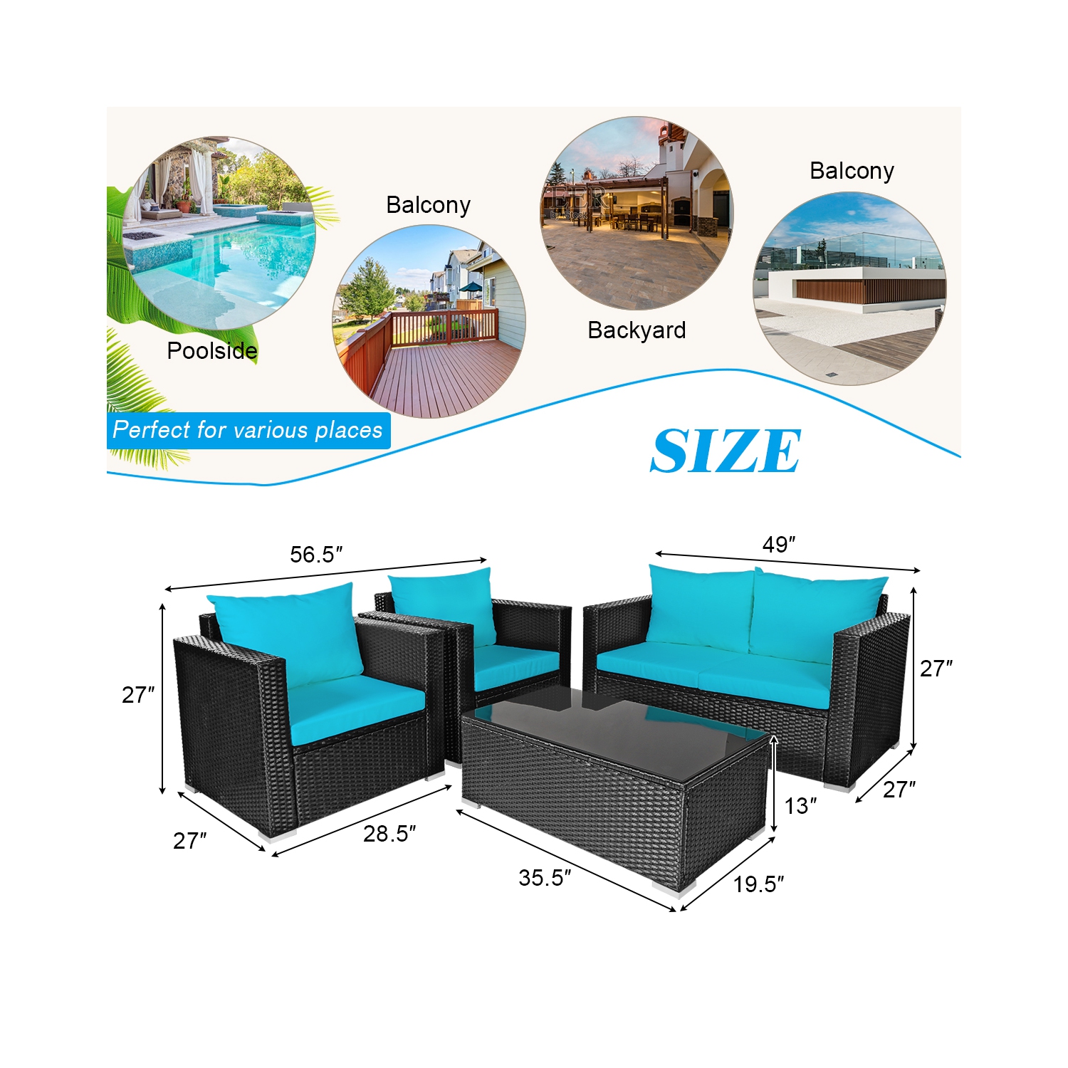 Patiojoy 4PC Patio Rattan Wicker Conversation Furniture Set Sectional Sofa & Coffee Table