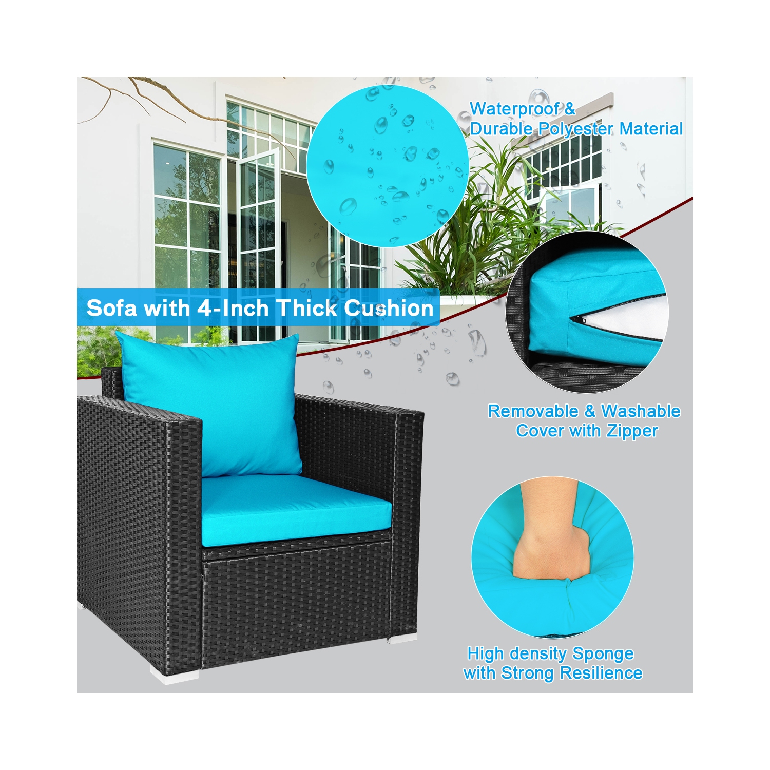 Patiojoy 4PC Patio Rattan Wicker Conversation Furniture Set Sectional Sofa & Coffee Table