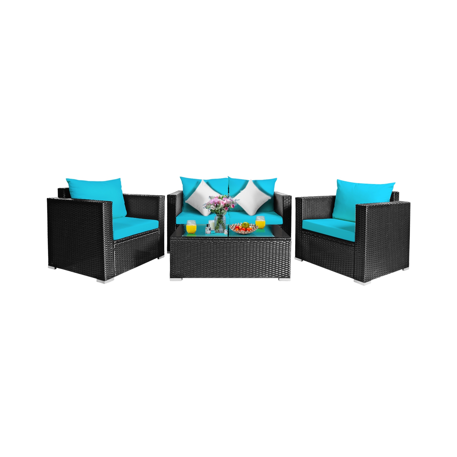 Patiojoy 4PC Patio Rattan Wicker Conversation Furniture Set Sectional Sofa & Coffee Table