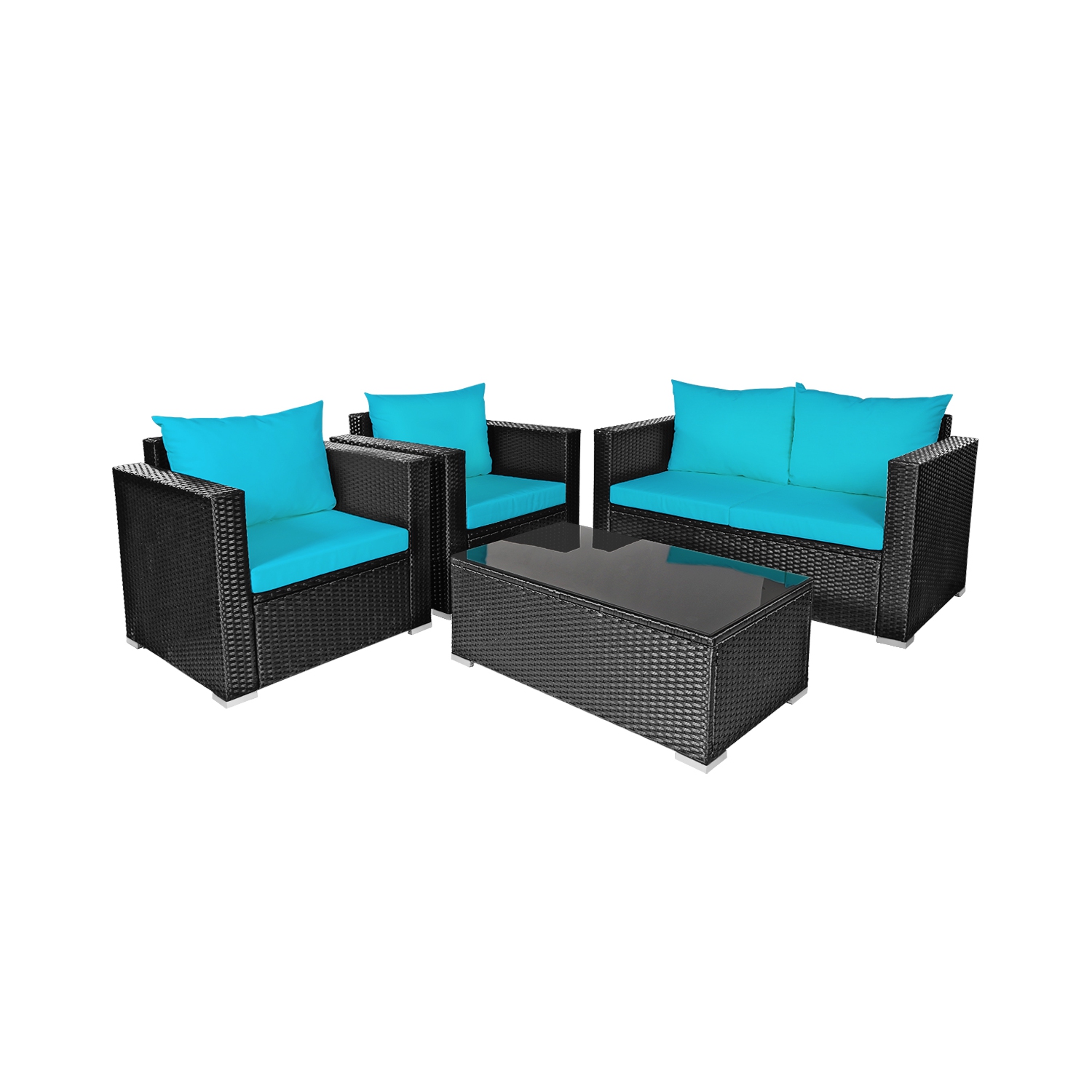 Patiojoy 4PC Patio Rattan Wicker Conversation Furniture Set Sectional Sofa & Coffee Table