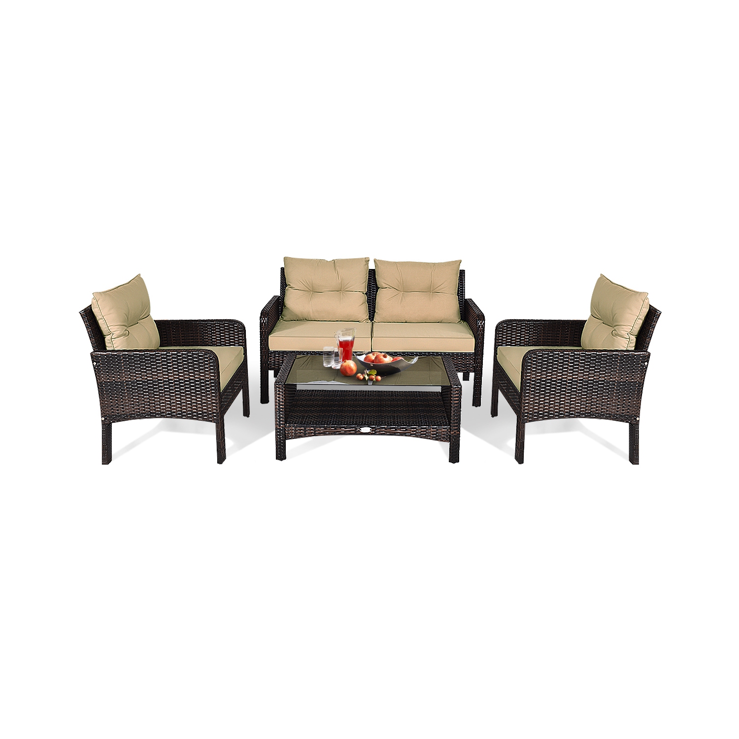 Topbuy 4 Piece Patio Conversation Set Rattan Wicker Loveseat Sofa Coffee Table & Glass Top