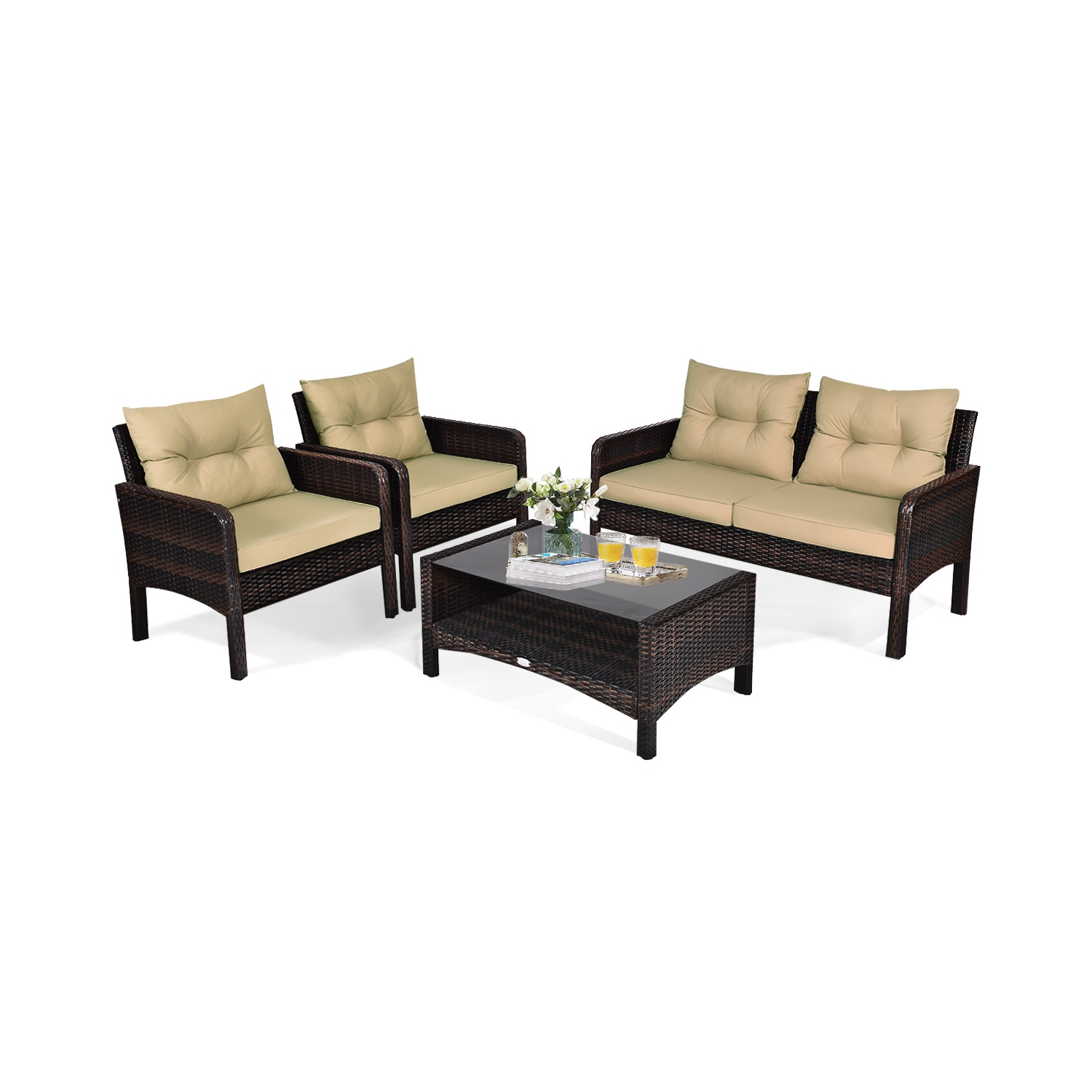 Topbuy 4 Piece Patio Conversation Set Rattan Wicker Loveseat Sofa Coffee Table & Glass Top