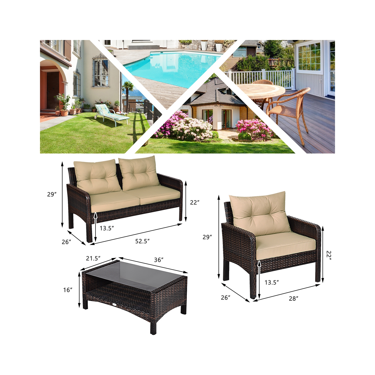 Topbuy 4 Piece Patio Conversation Set Rattan Wicker Loveseat Sofa Coffee Table & Glass Top