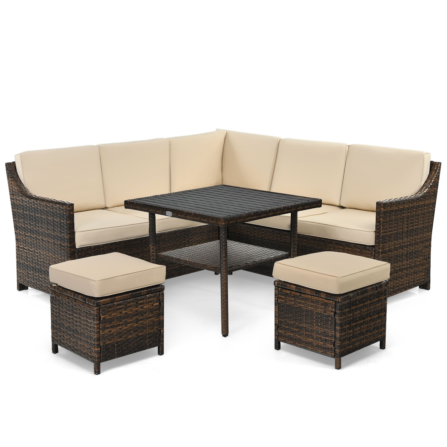 Topbuy 6PCS Patio Rattan Furniture Set All-Weather Sectional Cushioned Sofa Ottoman Dining Table Lower Shelf